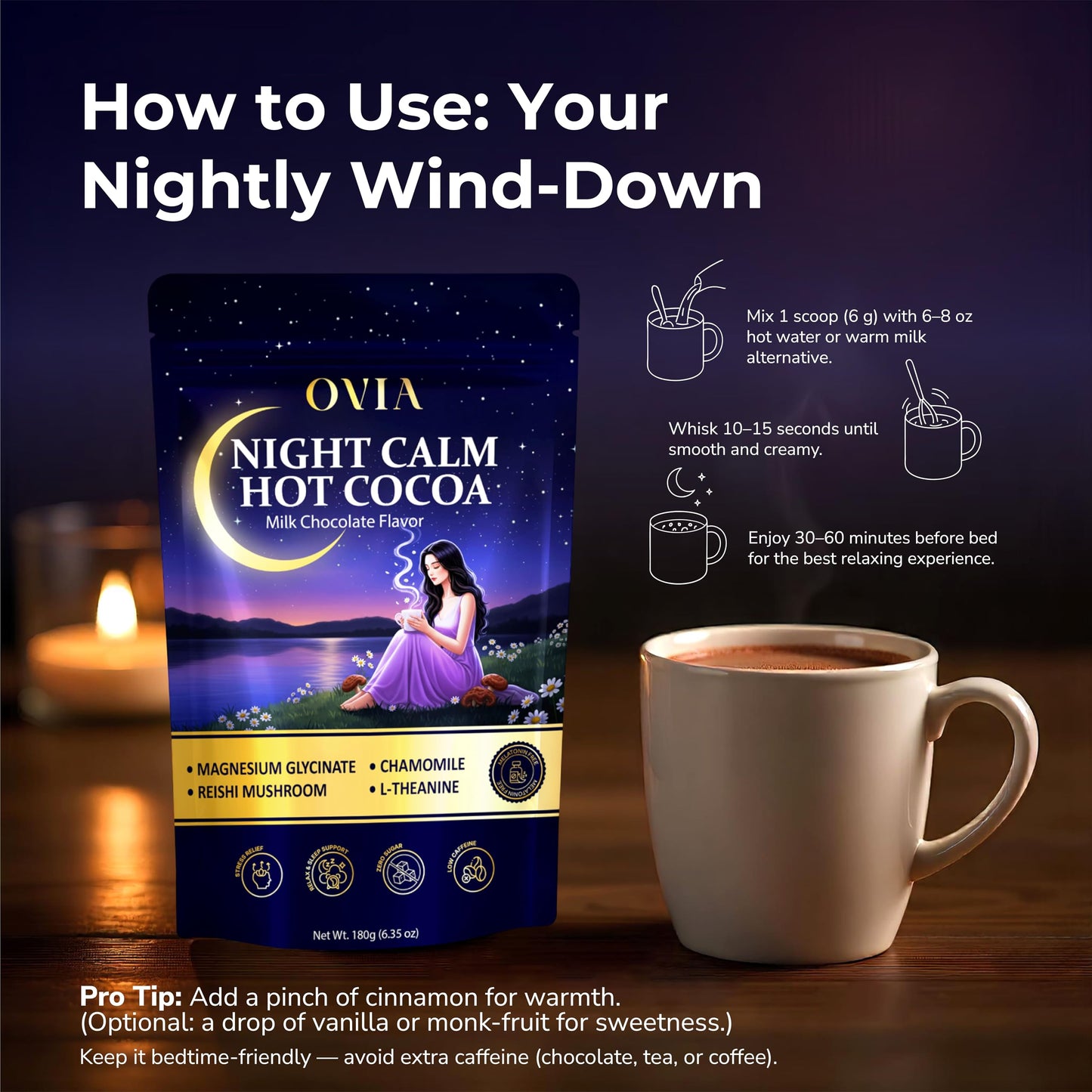 OVIA Night Calm Melatonin-Free Magnesium Mushroom Hot Cocoa Powder 6.35 oz