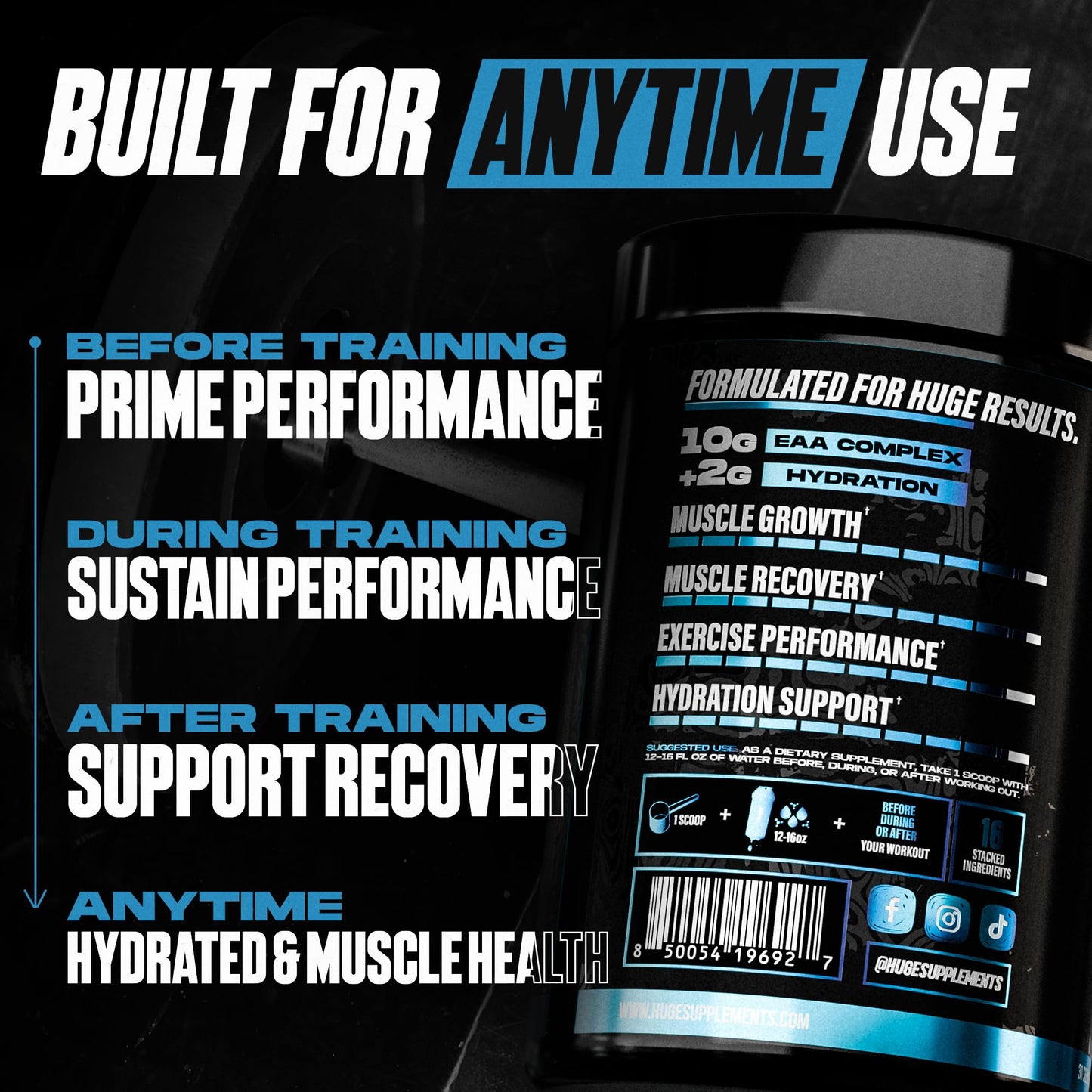 Huge Supplements EAA + Hydration Essential Amino Acids Powder 15.6 Ounce