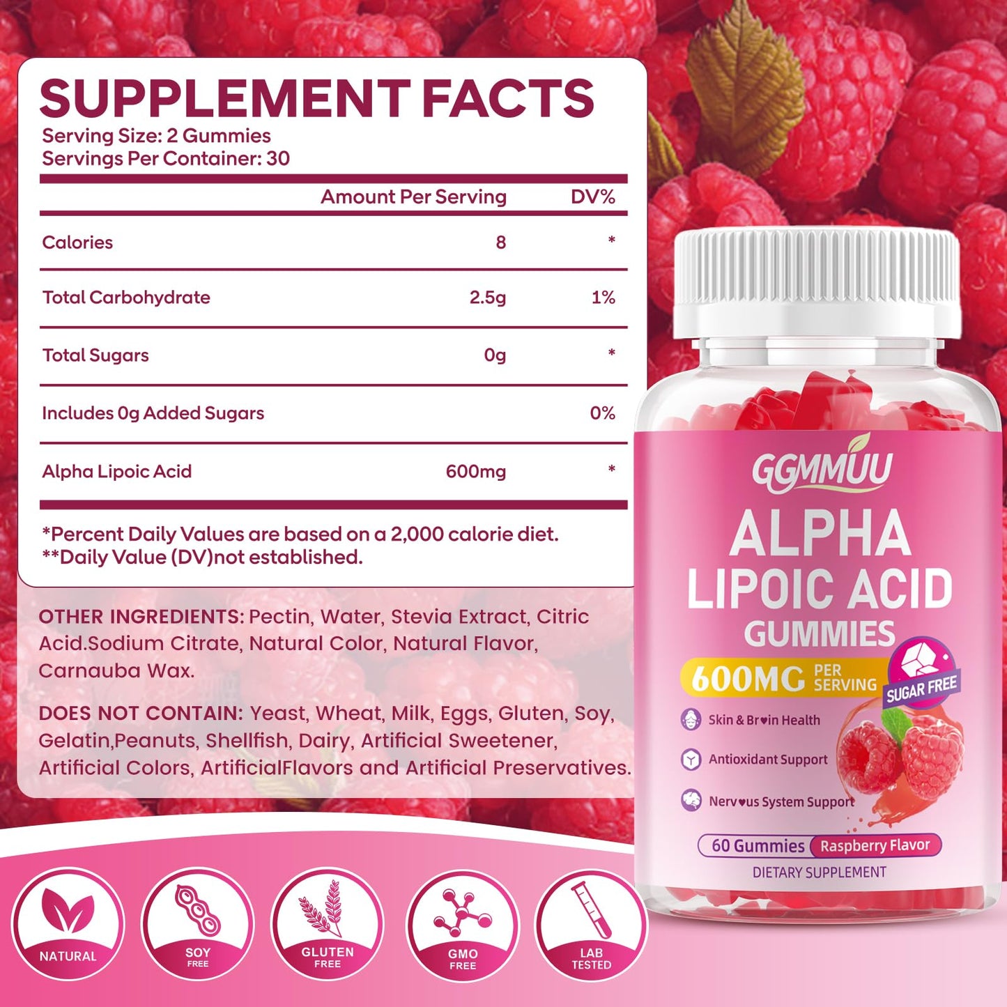 GGMMUU Alpha Lipoic Acid Gummies 600mg, High Absorption Chewable ALA Supplement, Raspberry Flavor, Vegan, Sugar Free, 120 Gummies