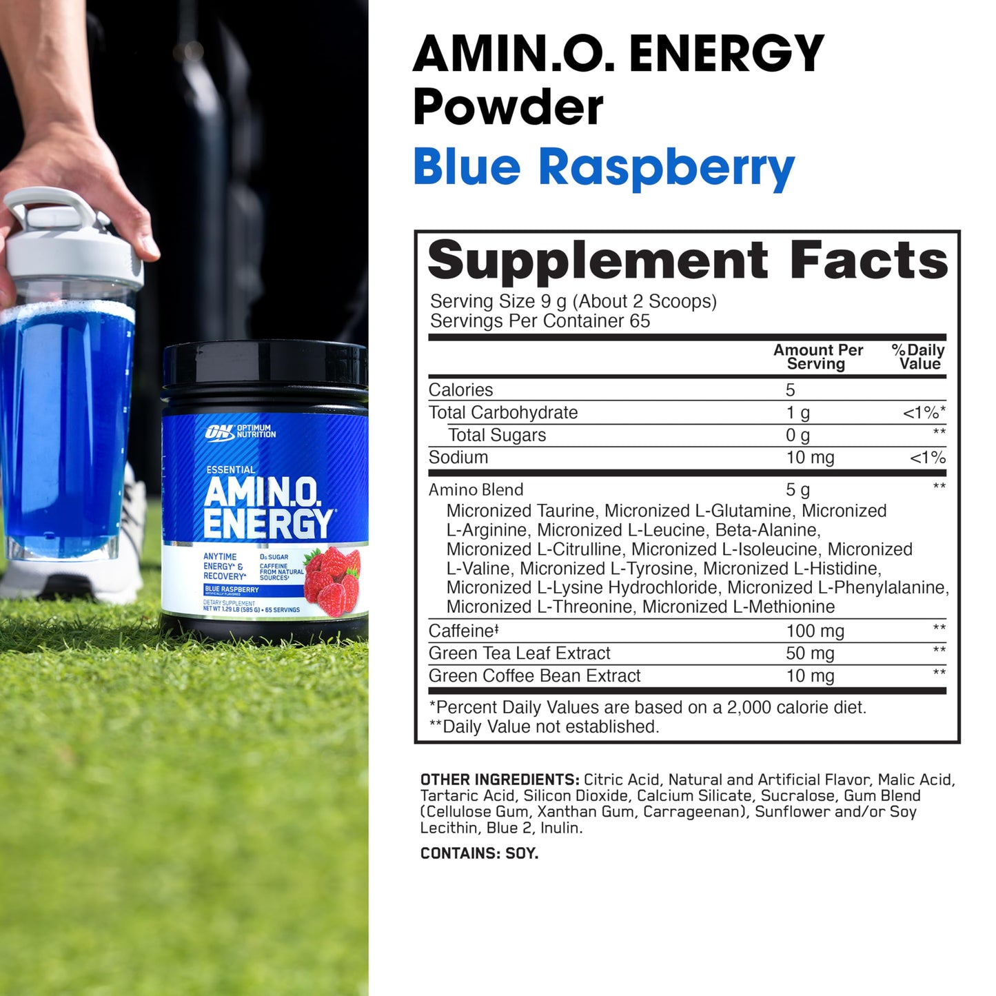 Optimum Nutrition Amino Energy Powder - Pre Workout with Green Tea, BCAA, Amino Acids, Keto Friendly, Green Coffee Extract, Blue Raspberry, 20.6