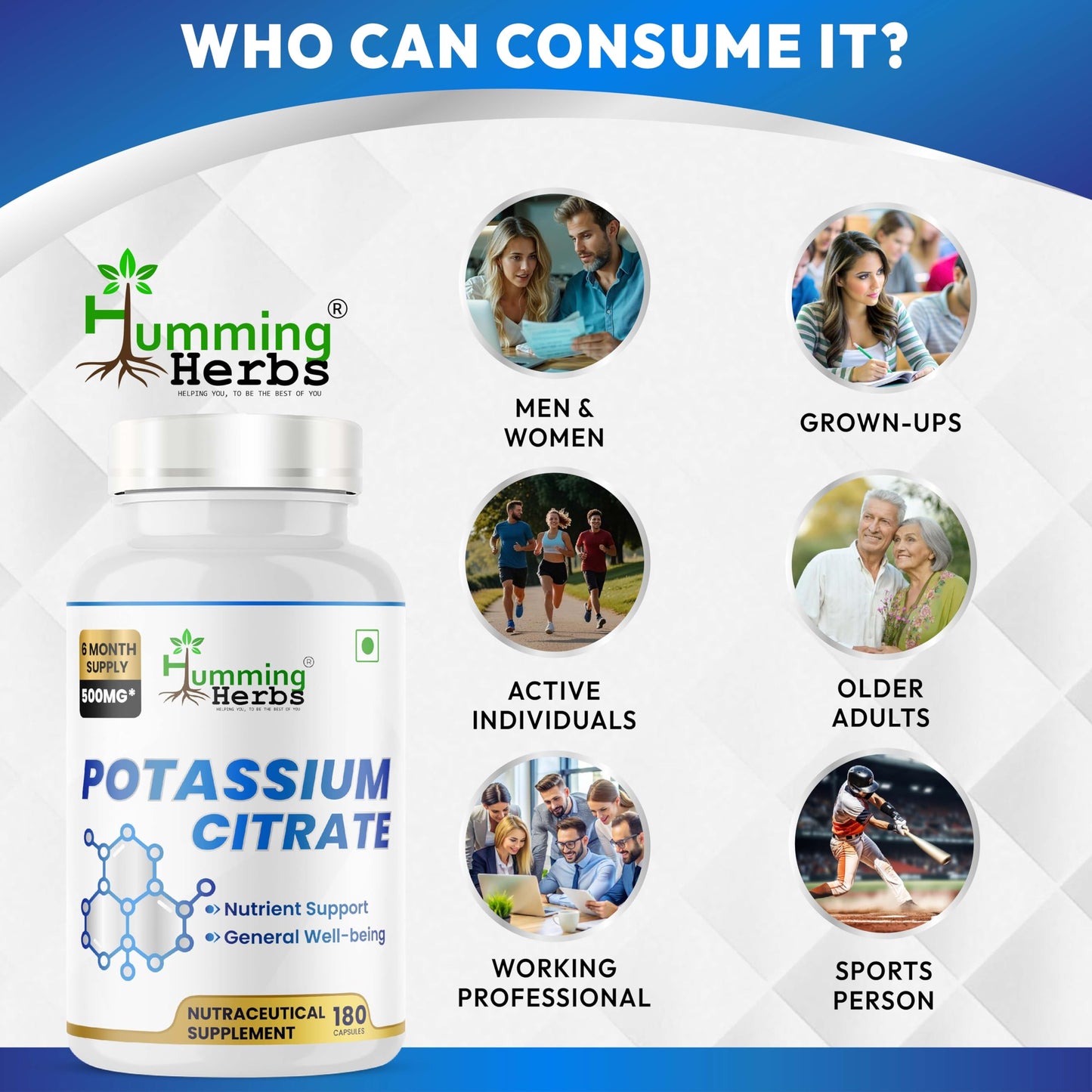 Humming Herbs Potassium Citrate 500mg, 180 Capsules