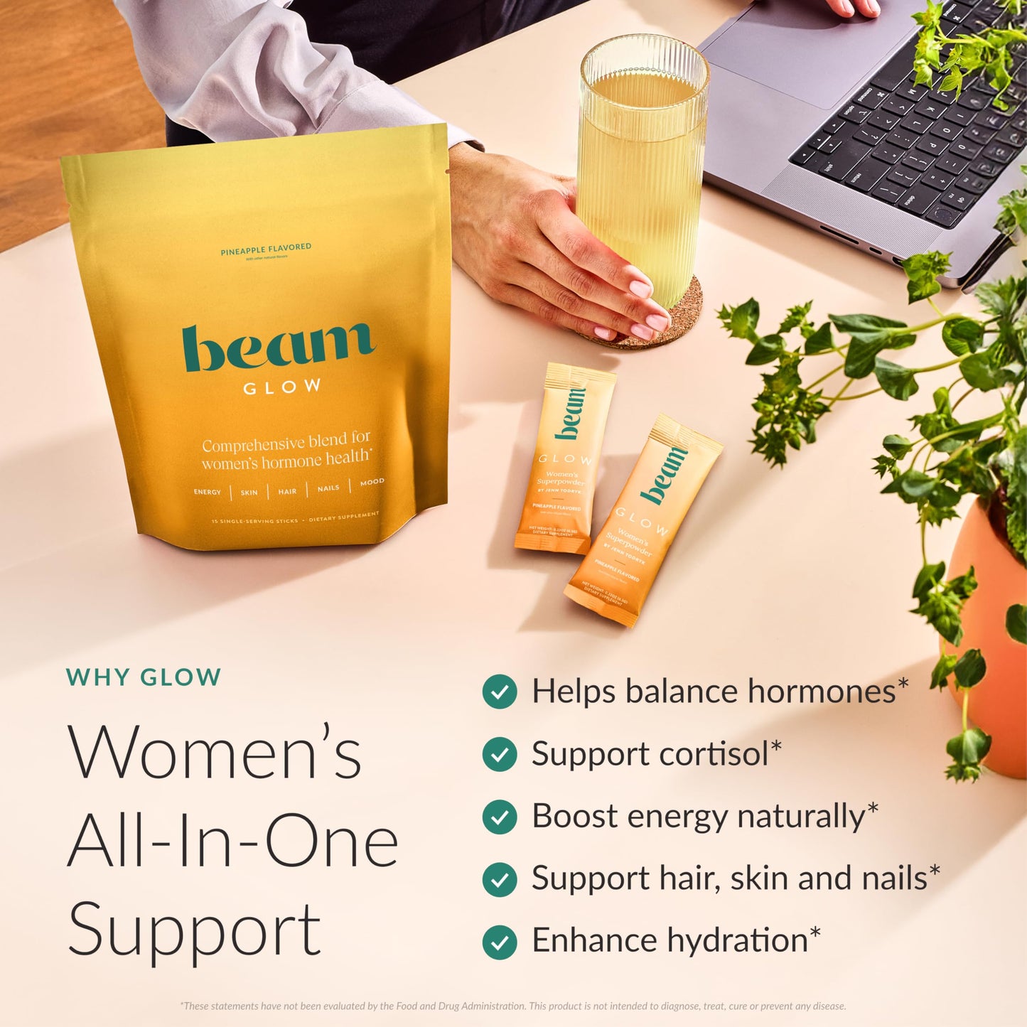 BEAM Glow Hormone Support & Cortisol Supplement for Women Powder 15 Servings