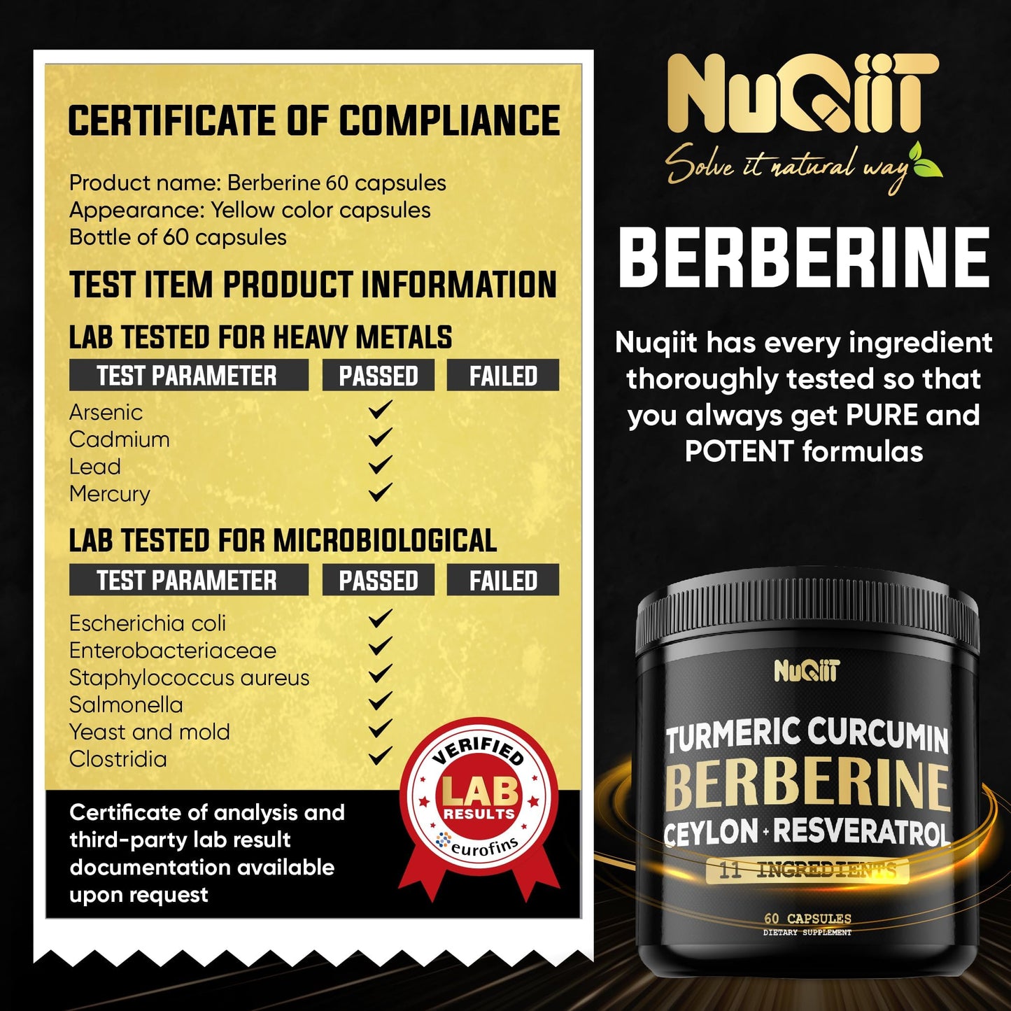 NUQIIT Berberine Supplement with Turmeric Curcumin & Trans-Resveratrol, 60 Capsules