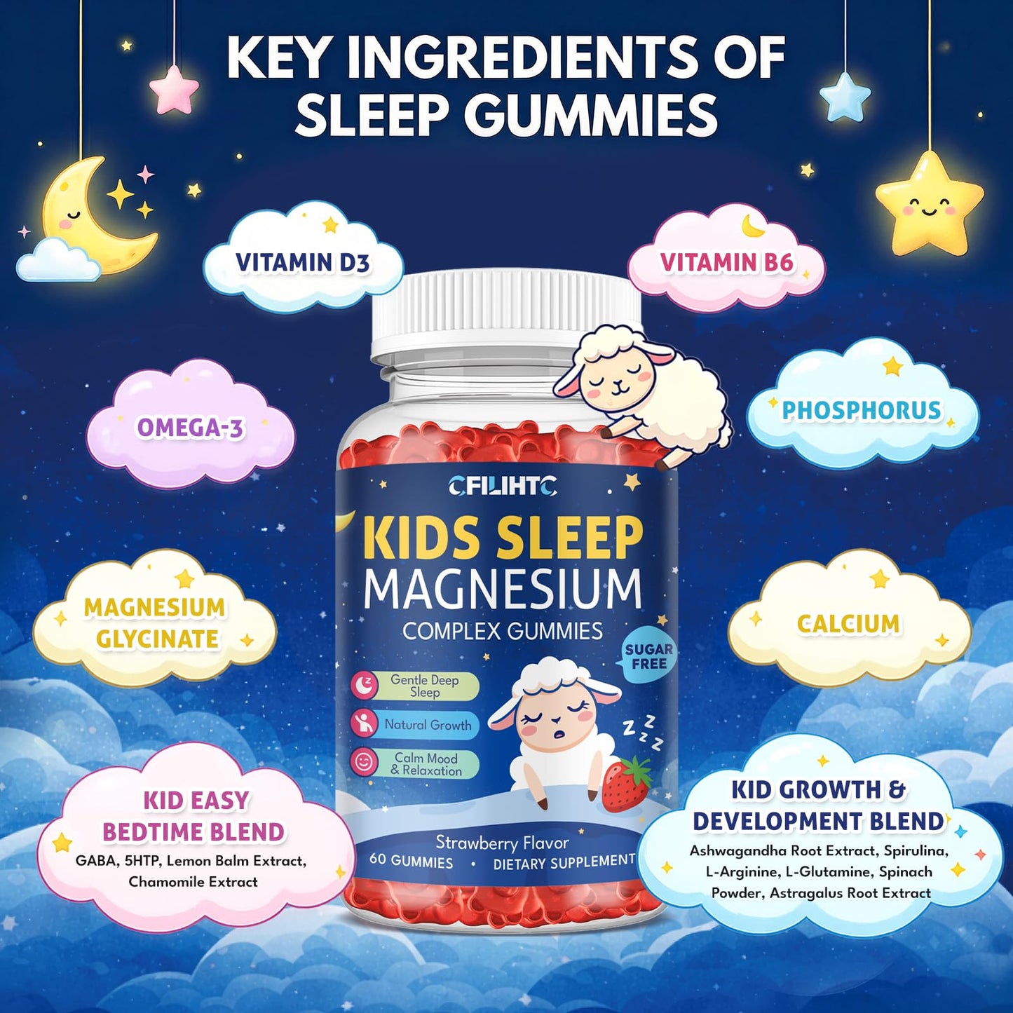 CFILIHTC Magnesium Gummies for Kids, Magnesium Glycinate Gummies with Chamomile, Lemon Balm, Calcium, Vitamin B6, D3 for Kids & Adults Sleep, Growth, Calm & Relaxation, Sugar Free, Strawberry Flavor, 120 Gummies