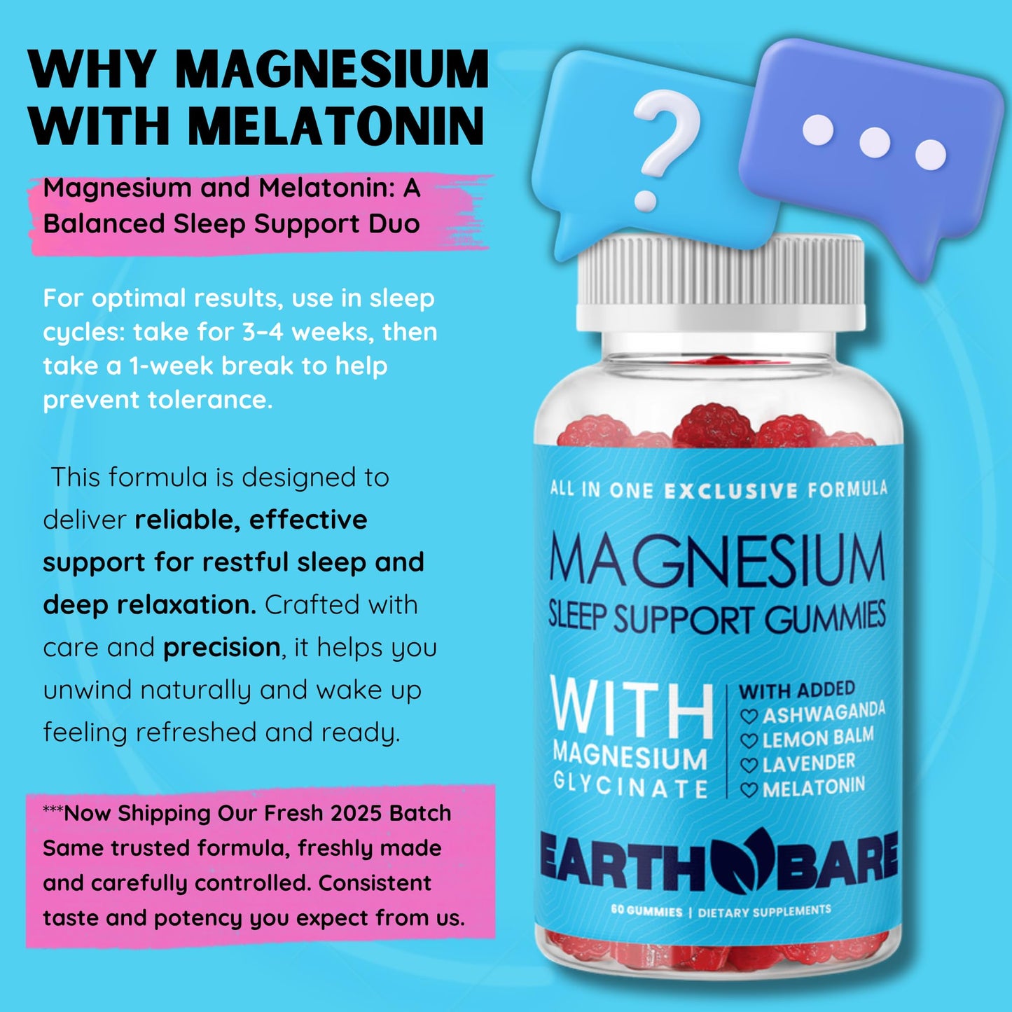Earth Bare Sleep Gummies with Magnesium Glycinate, Melatonin, Ashwagandha, Lavender, 60 Gummies