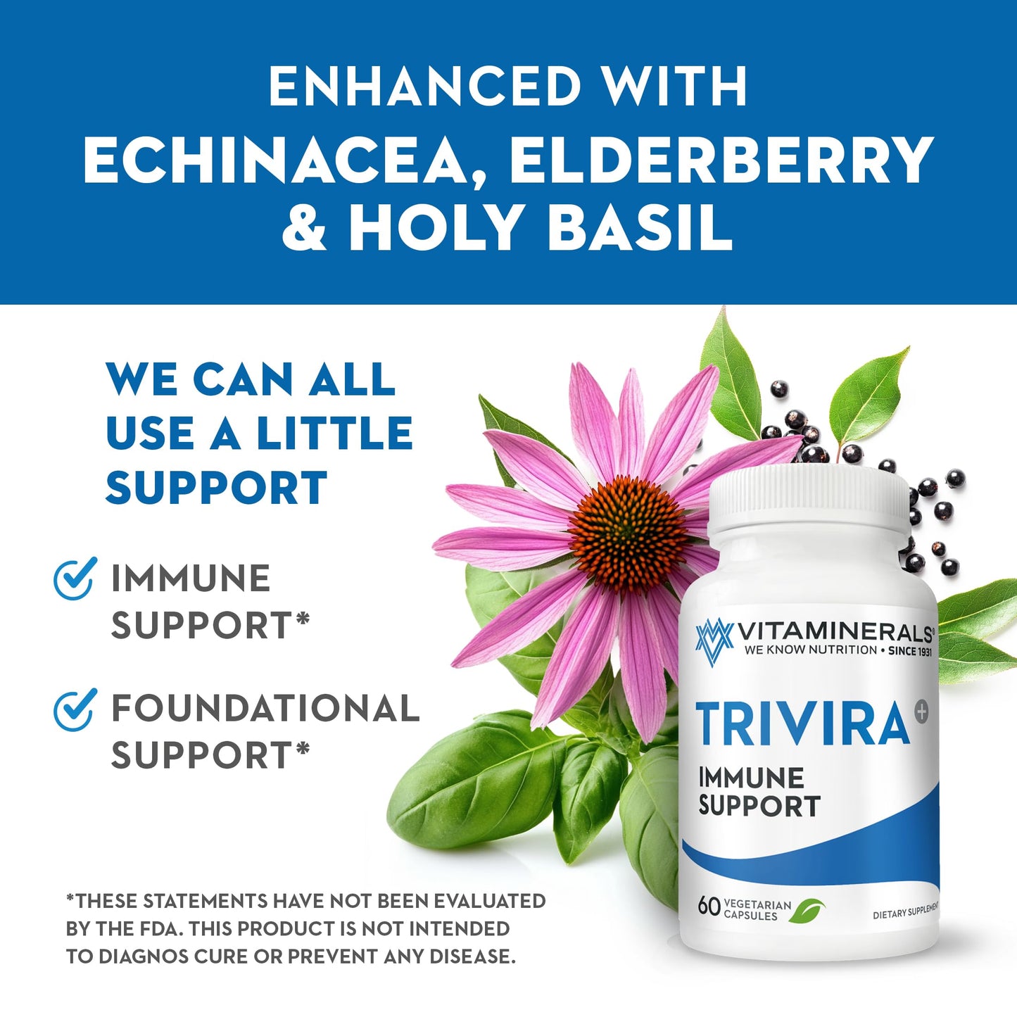 Vitaminerals TRIVIRA Vitamin C Vitamin D3 Zinc Herbs Prebiotics Capsules, 60 Count