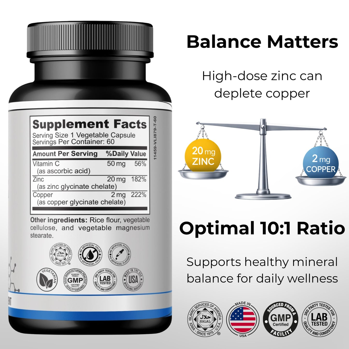 NOON VITAMINS Bariatric Zinc 20mg with Copper 2mg (10:1 Ratio) + Vitamin C – Balanced Bariatric Formula – TRAACS Chelated Zinc Glycinate – Gentle on Stomach, 60 Capsules