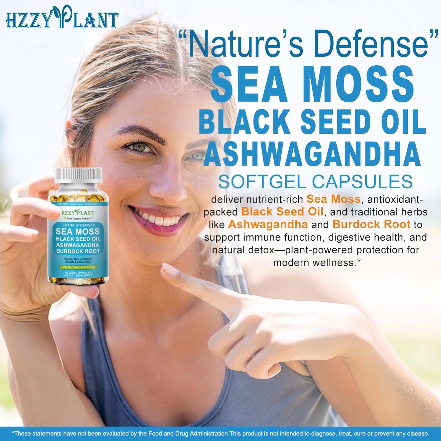 HZZYPLANT High Absorption Irish Sea Moss Advanced with Black Seed Oil, Ashwagandha, Turmeric & Burdock Root Softgels, 60 Count