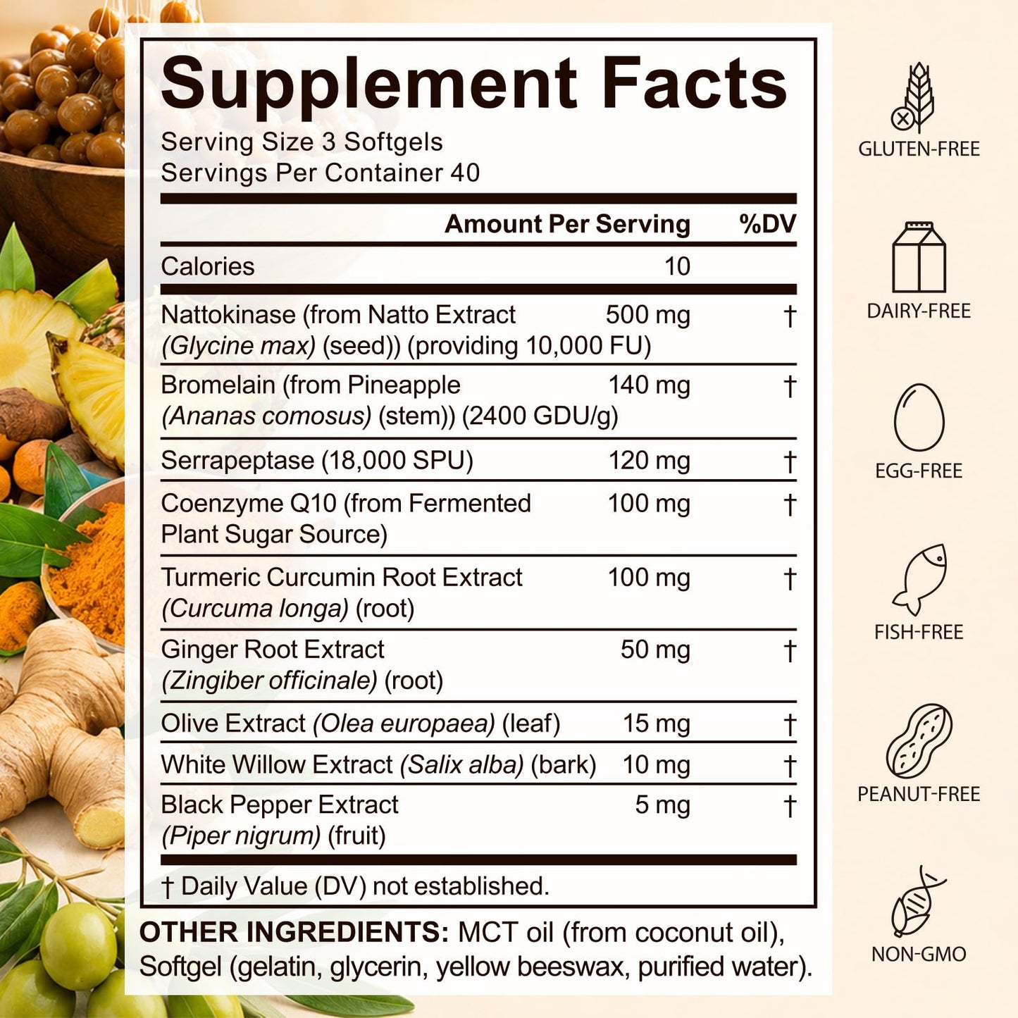 J&H Jasmine&Hyacinth Nattokinase 10,000 FU Softgels with CoQ10, Serrapeptase, Bromelain, Turmeric, 8-in-1 Formula for Heart and Circulatory Support, 120 Count