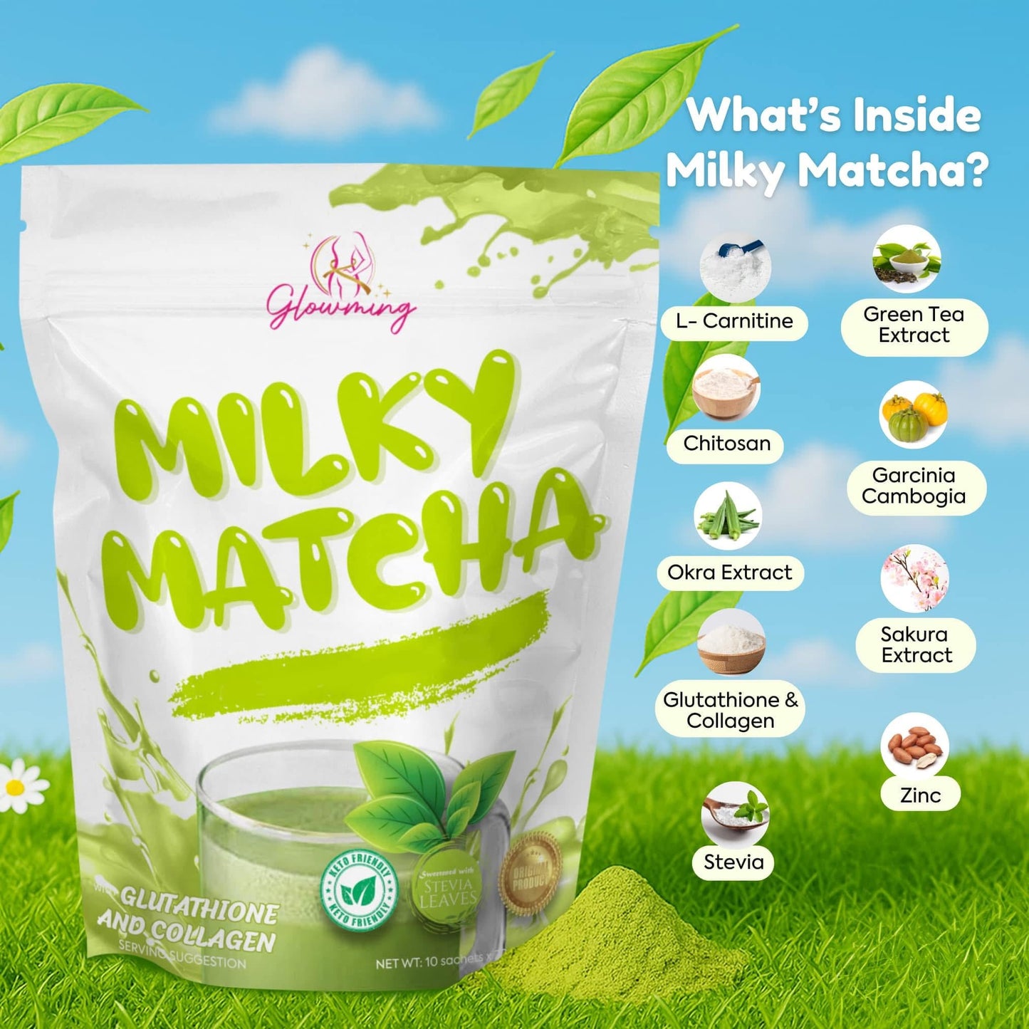 Generic Glowming Milky Matcha Glutathione and Collagen Drink Powder, 7 Sachets