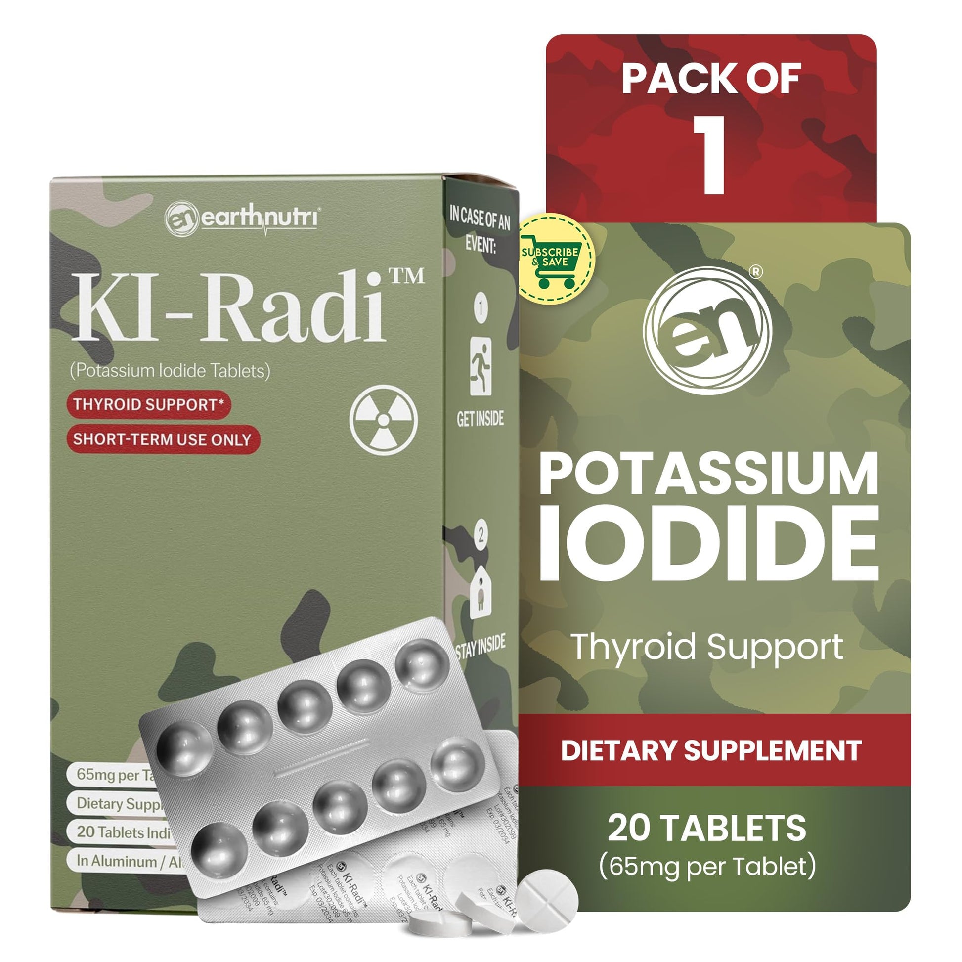 EarthNutri KI-Radi Potassium Iodide KI Tablets 65 mg, 20 Tablets