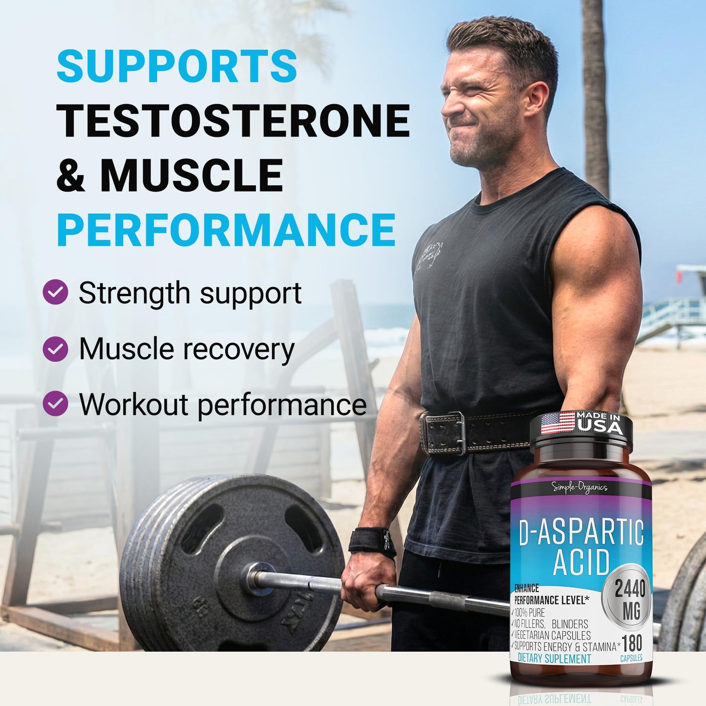 Simple-Organics D-Aspartic Acid Testosterone Support for Men 2440mg Capsule, 180 Count