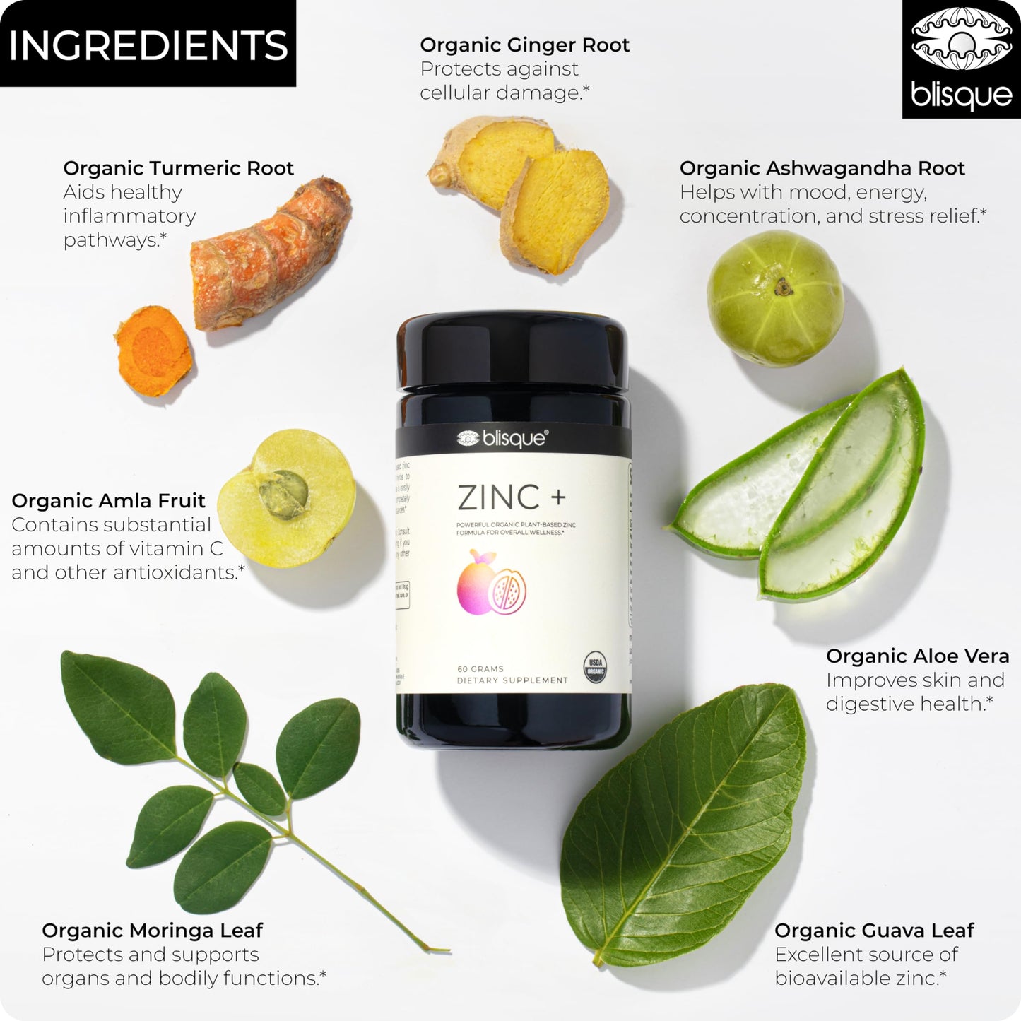 Blisque Organic Zinc Supplement Sourced from Guava Leaf Powder, 2.12 oz