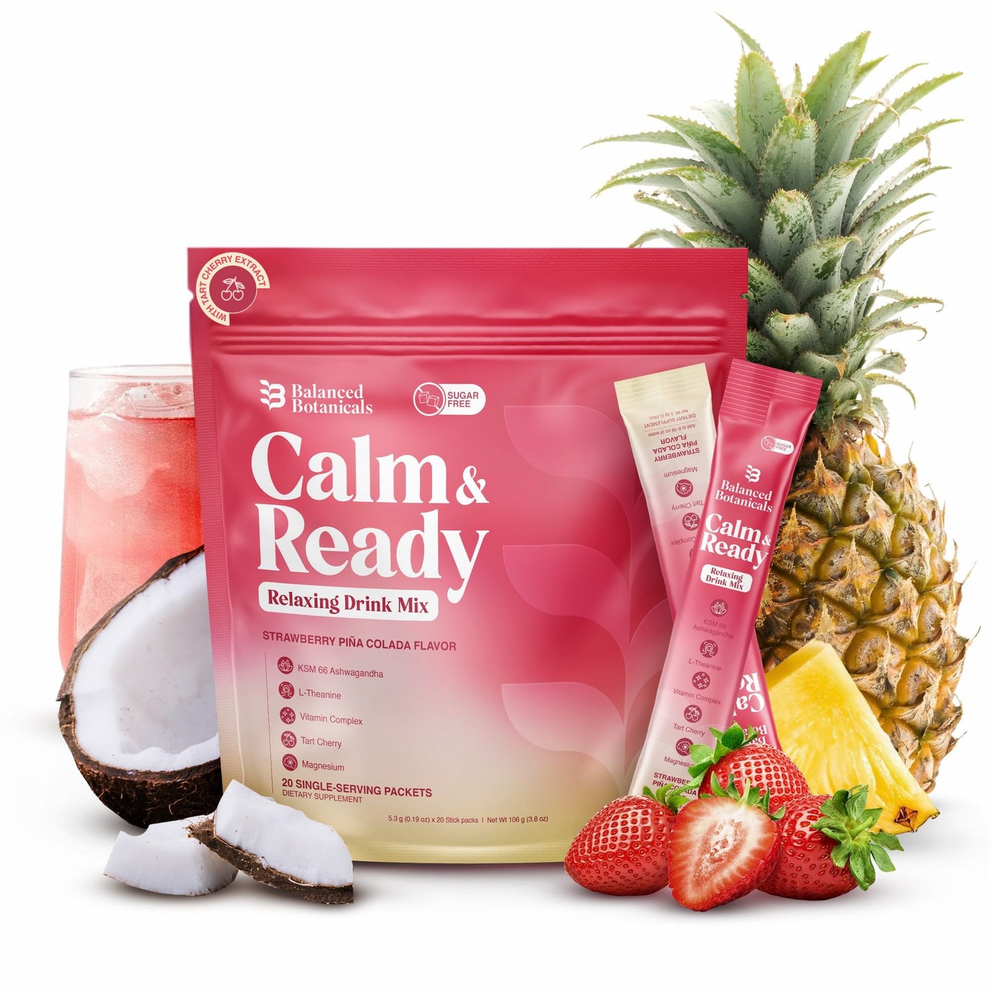 Balanced Botanicals Calm and Ready Powder 3.8 Ounce with Magnesium Glycinate, Ashwagandha KSM-66, L-Theanine, Tart Cherry, Cortisol Reducer Sleep & Relaxation Aid, Sugar Free, Strawberry Pina Colada