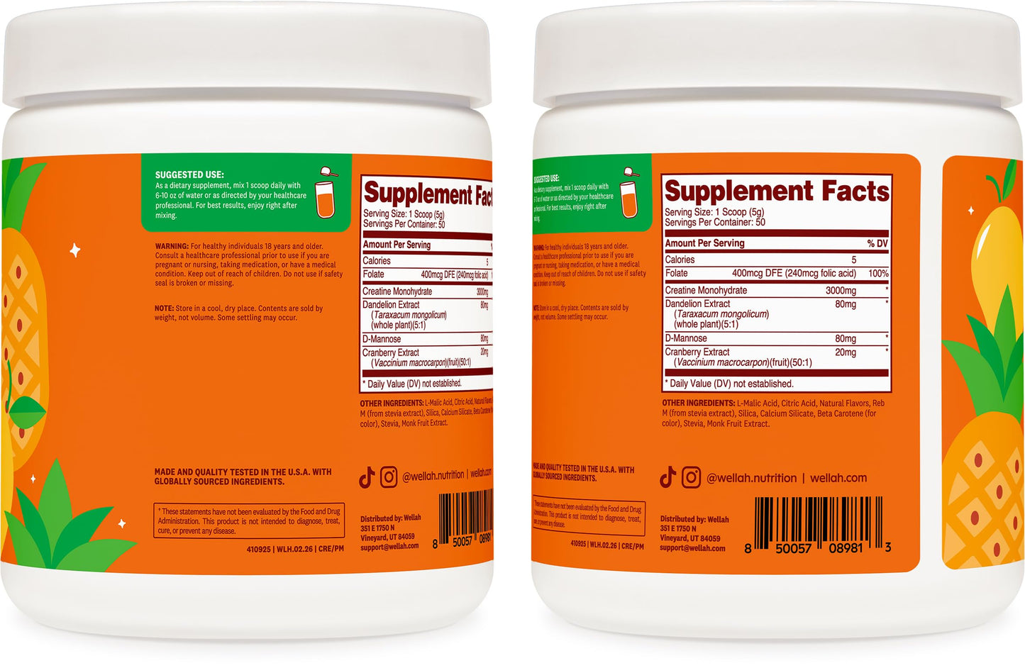 Wellah Creatine for Women - Creatine Monohydrate with Dandelion & Cranberry Extract Powder, 9.3