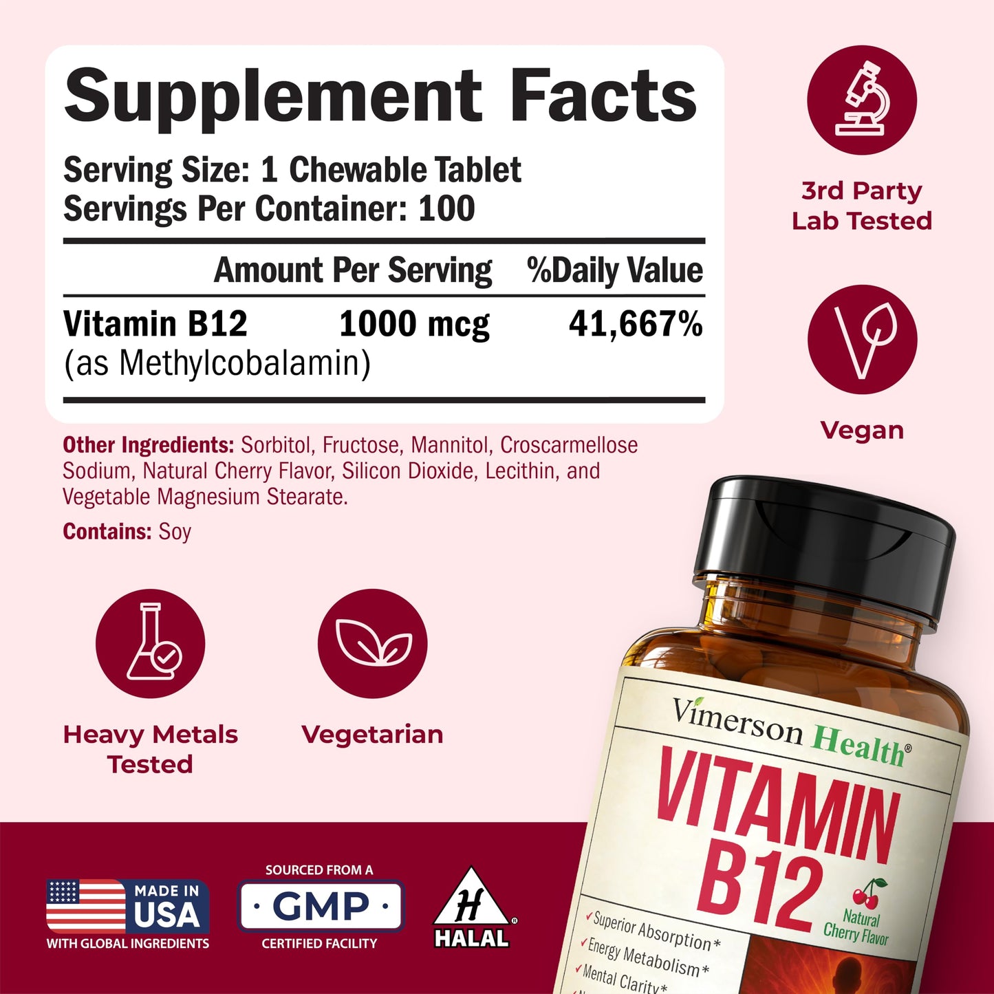 Vimerson Health Vitamin B12 1000 mcg Chewable Tablets, 100 Count
