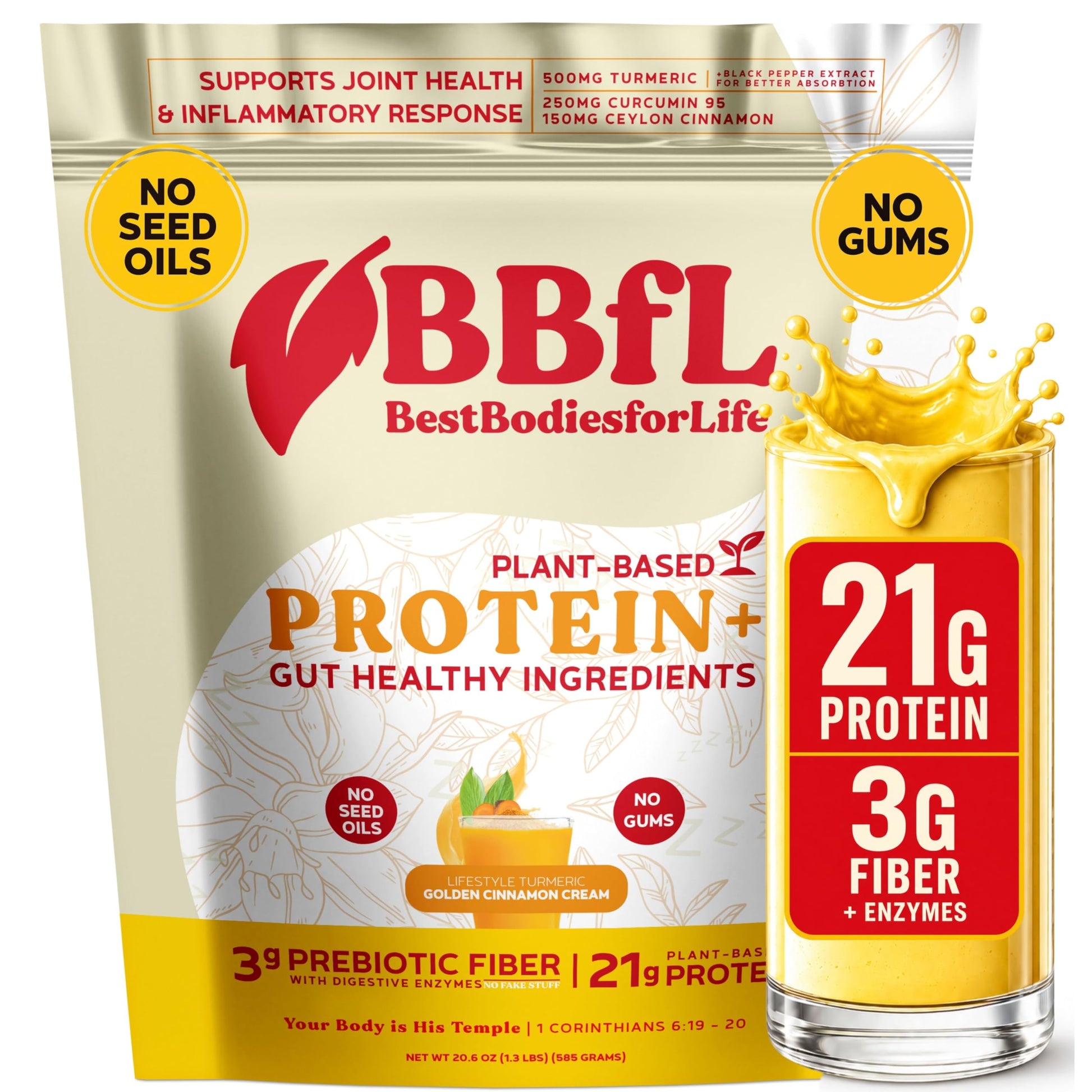 BBfL Plant-Based Protein Shake Powder 14.7 oz – 21g Vegan Protein, Turmeric + Curcumin 95 + Ceylon Cinnamon, Prebiotics, Digestive Enzymes, All-in-One Shake, Supports Inflammatory Response, 15 Servings