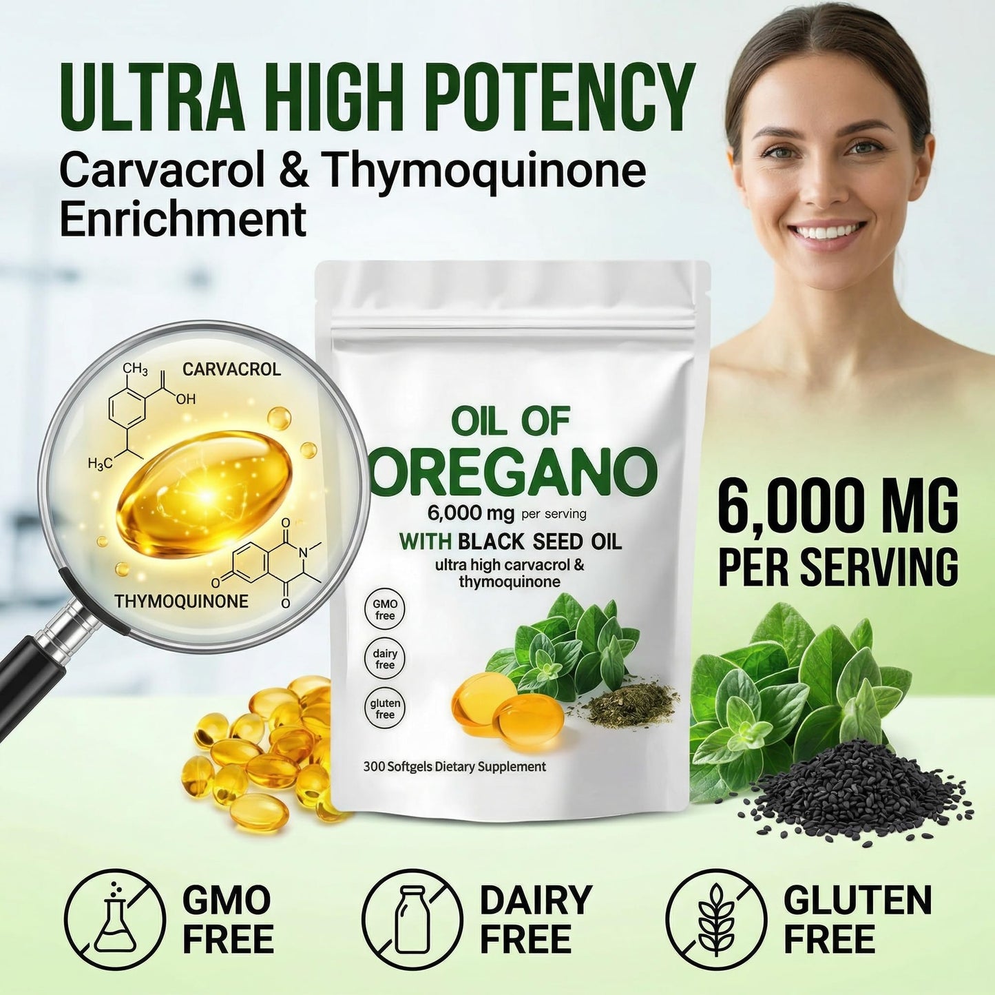 WOXMA Oil of Oregano Softgels 6000mg with Carvacrol & Black Seed Oil, 300 Softgels