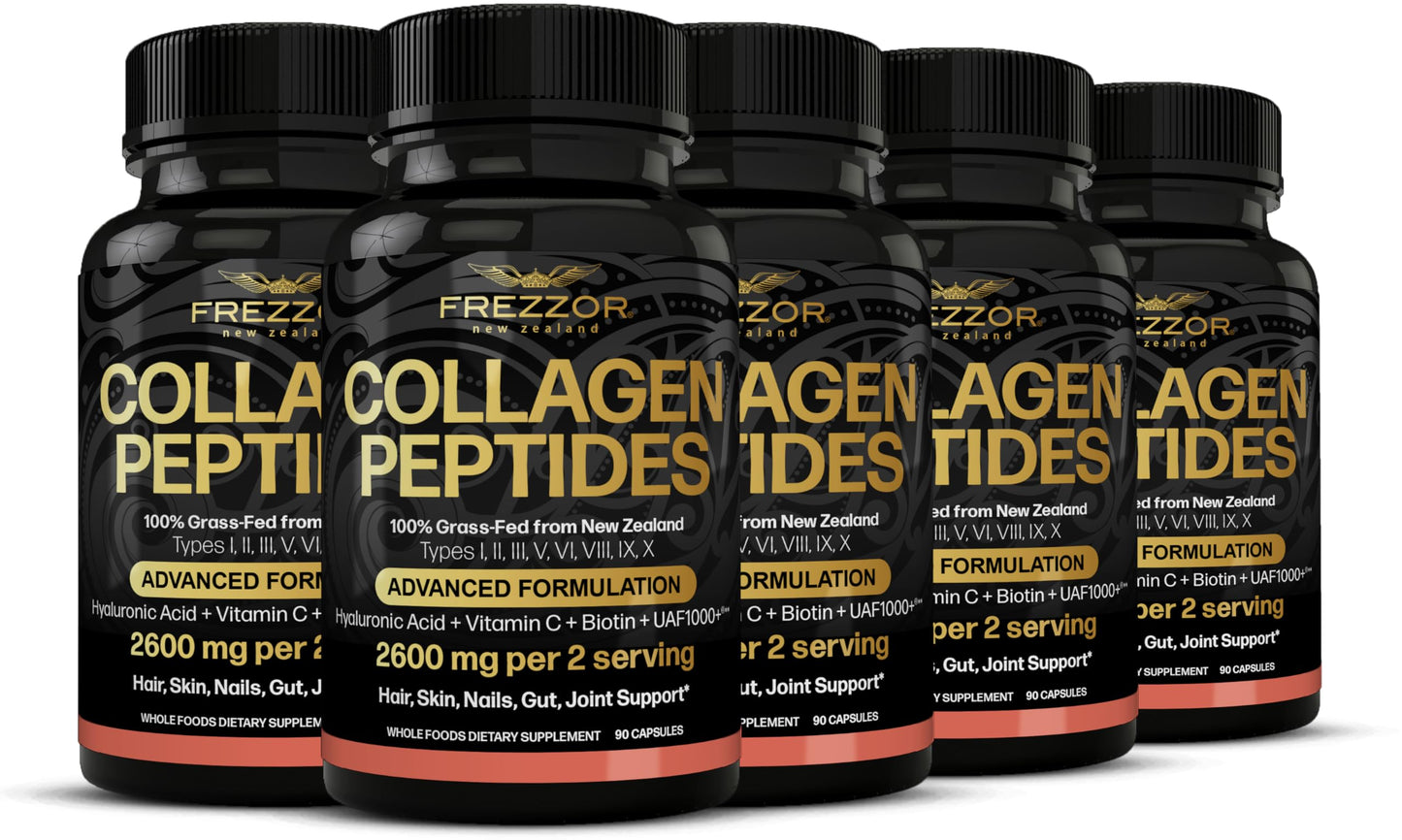 FREZZOR Collagen Peptides with UAF1000+ 100% Grass-Fed New Zealand Cattle Source, Hydrolyzed, Joint, Skin, Hair & Nail Support, Amino Acids, Anti-Aging, 450 Capsules