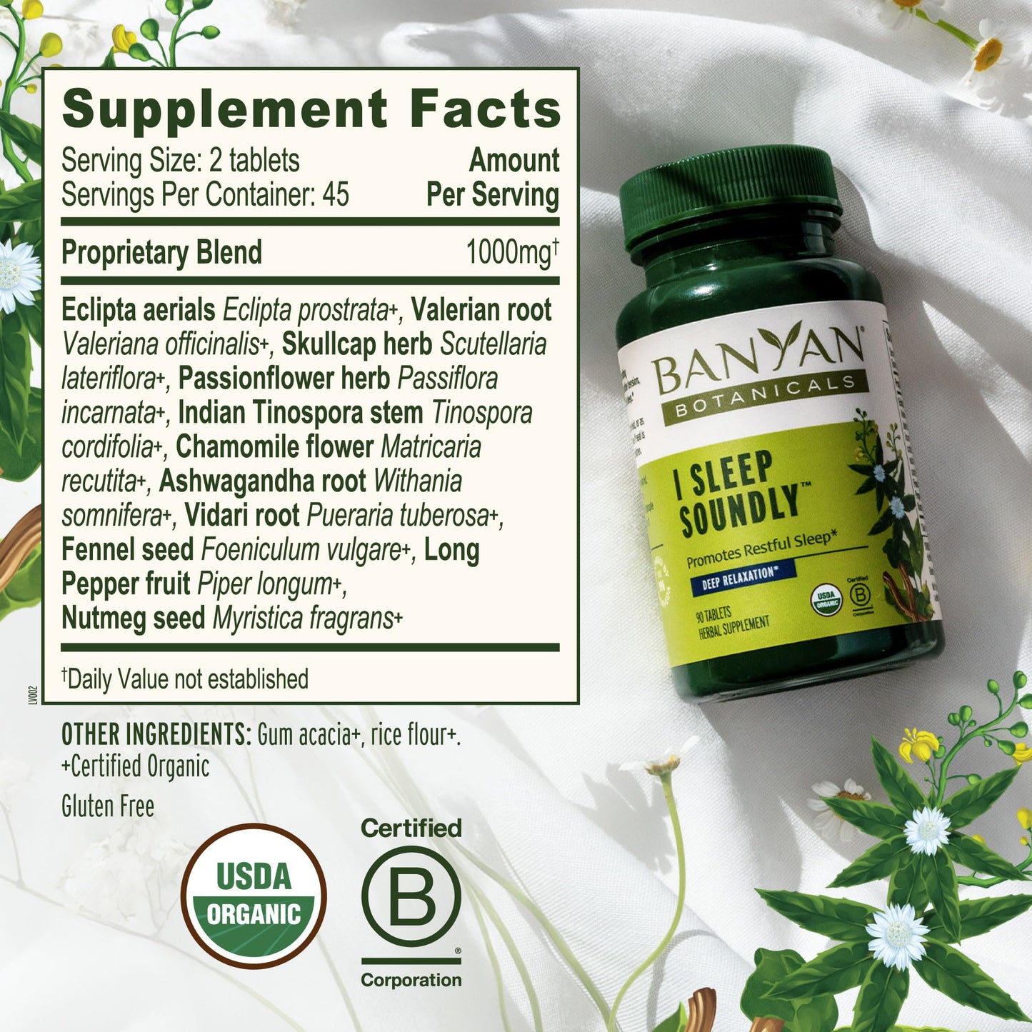 Banyan Botanicals I Sleep Soundly Organic Deep Sleep Supplement – Natural Melatonin-Free Sleep Aid with Ashwagandha, Valerian & Chamomile – 90 Tablets