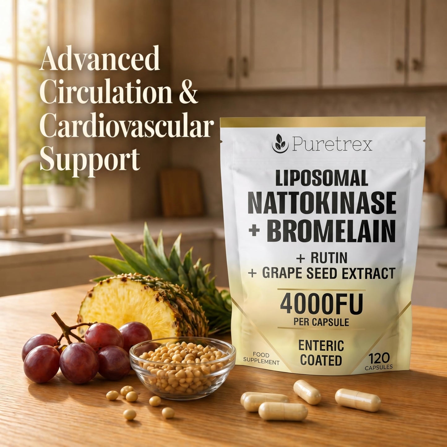 PURETREX Liposomal Nattokinase 4000 FU + Bromelain 200mg with Rutin + Grape Seed Extract, Enteric Coated Capsules, Circulation & Cardiovascular Support, Non-GMO, Made in UK, 120 Capsules