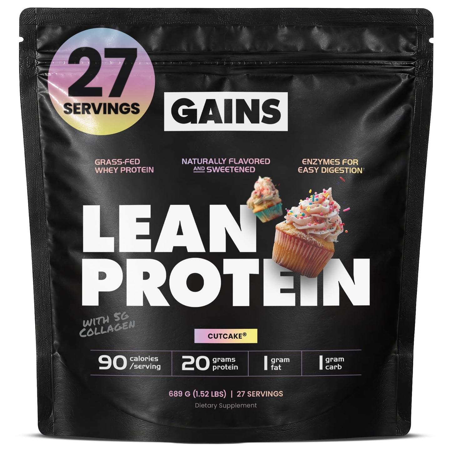 GAINS IN BULK Lean Grass Fed Whey Protein Powder with Collagen Peptides, Cutcake Flavor, 27 Servings