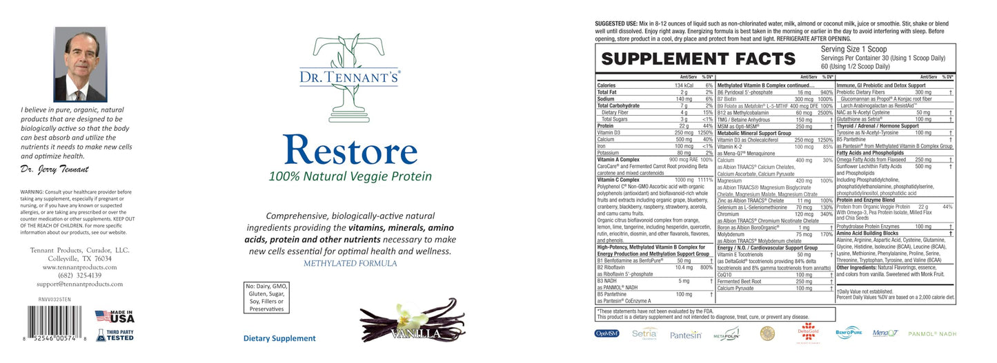 Dr. Tennant's Restore Premium Plant-Based Protein, Vanilla Powder 9.9 oz