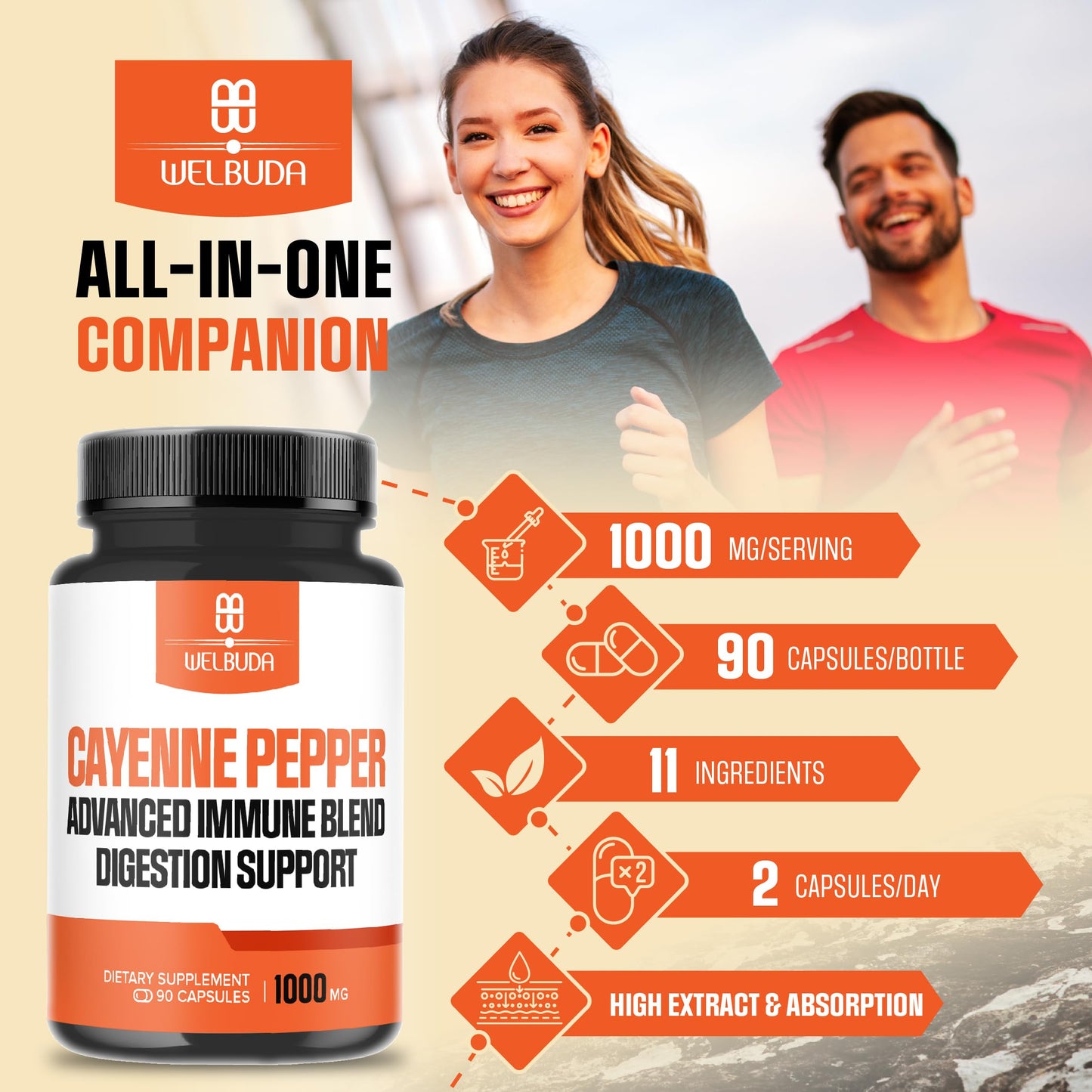 WELBUDA Cayenne Pepper 1000mg Capsules, 90 Veggie Capsules