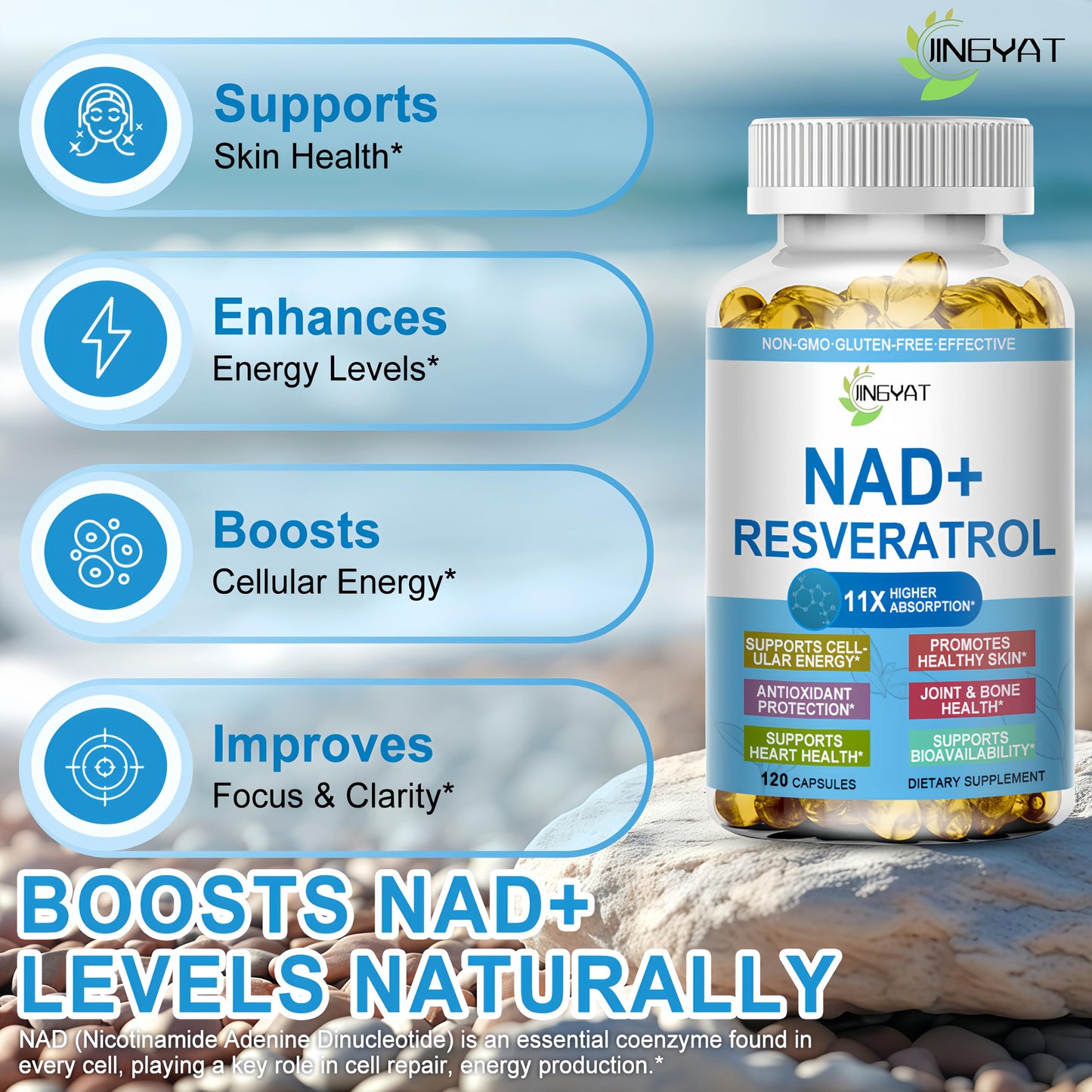 JINGYAT 11-in-1 NAD Supplement with Resveratrol, CoQ10, Quercetin, Collagen, Grape Seed for Cellular Energy, Mental Focus & Antioxidant Support Softgels 120