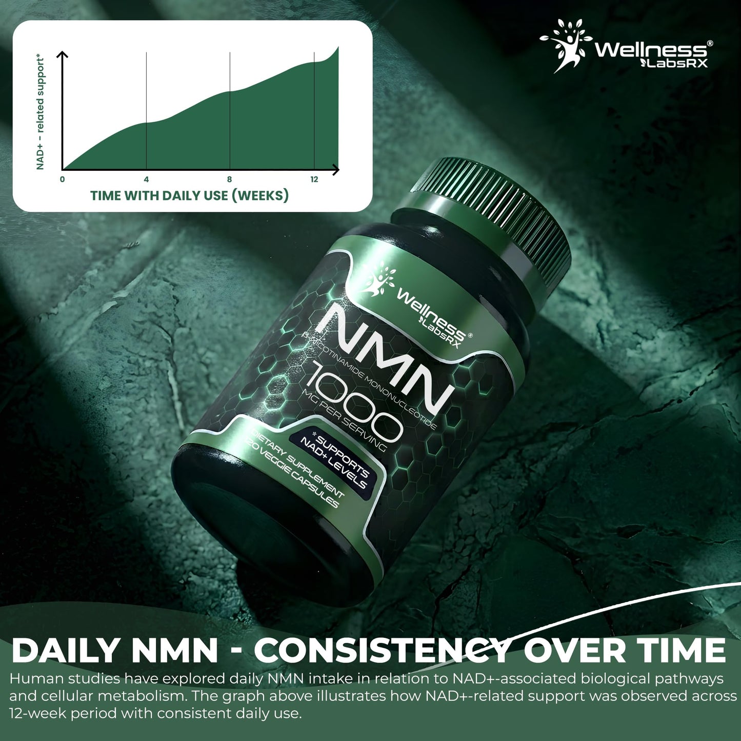 WELLNESS LABSRX NMN 1000mg Pure Organic Nicotinamide Mononucleotide Capsule, 120 Count