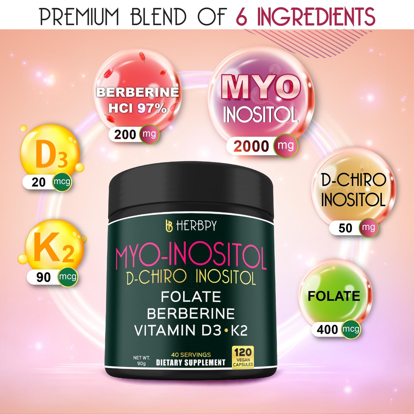 Herbpy 6in1 Premium 40:1 Myo-Inositol & D-Chiro Inositol Supplement for Women with Folate, Berberine HCl 97%, Vitamin D3 & K2, Hormonal Balance & Ovarian Health Support, 120 Capsules