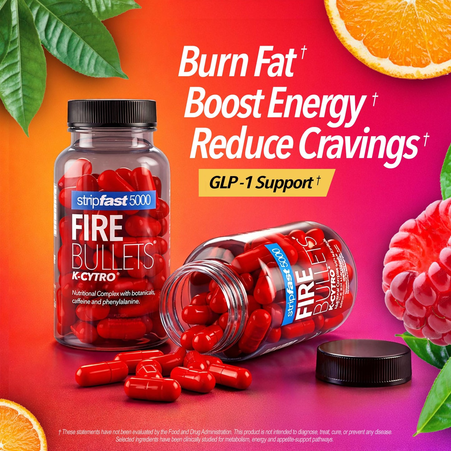 stripfast5000 Fire Bullets Weight Loss Pills for Women & Men Fat Burner GLP-1 Support Appetite Suppressant Diet Pills with Green Tea & Cayenne 60 Capsules