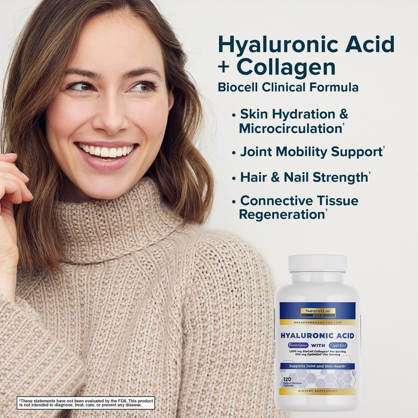 Nature's Lab Hyaluronic Acid with Biocell Collagen and MSM, 120 Capsules