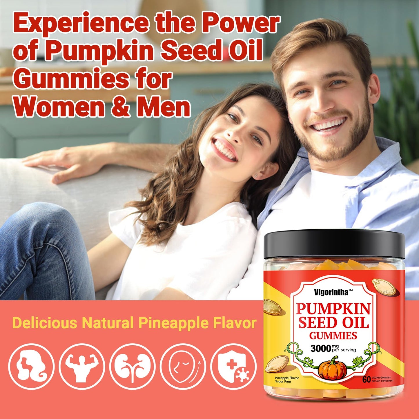 Vigorintha Sugar Free Pumpkin Seed Oil Gummies 3000mg with Saw Palmetto, 60 Count