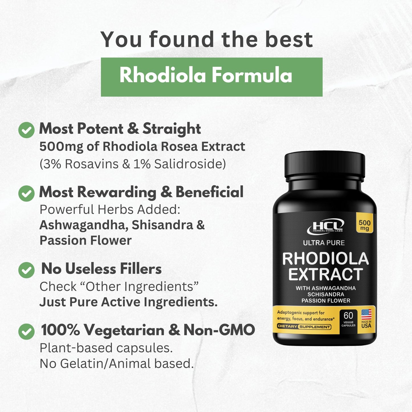 HCL Herbal Code Labs Rhodiola Rosea Supplement High Potency Extract 500mg with Ashwagandha, Shisandra & Passion Flower Capsules, 60 Count