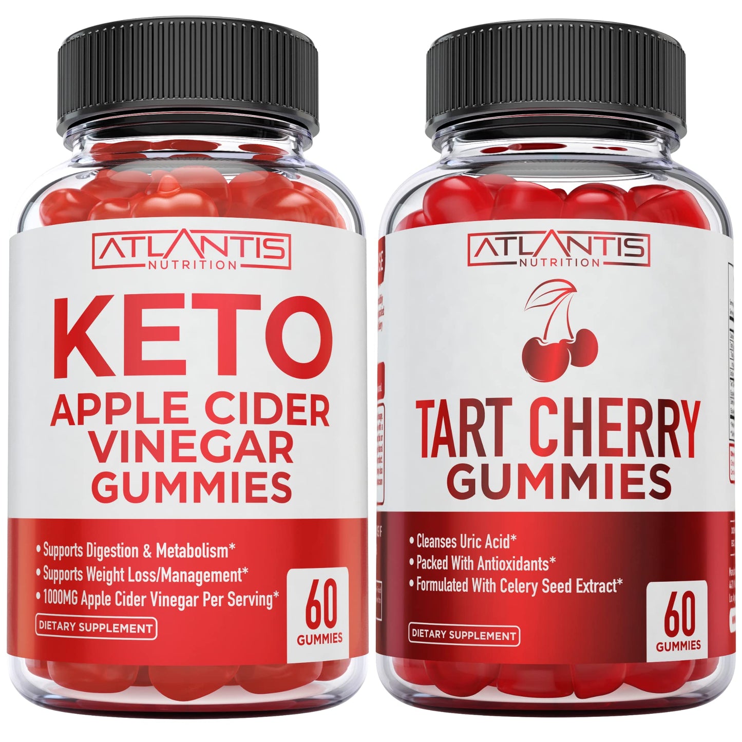 Atlantis Nutrition Keto Apple Cider Vinegar Gummies + Tart Cherry Gummies with Celery Seed Extract, 60 Gummies