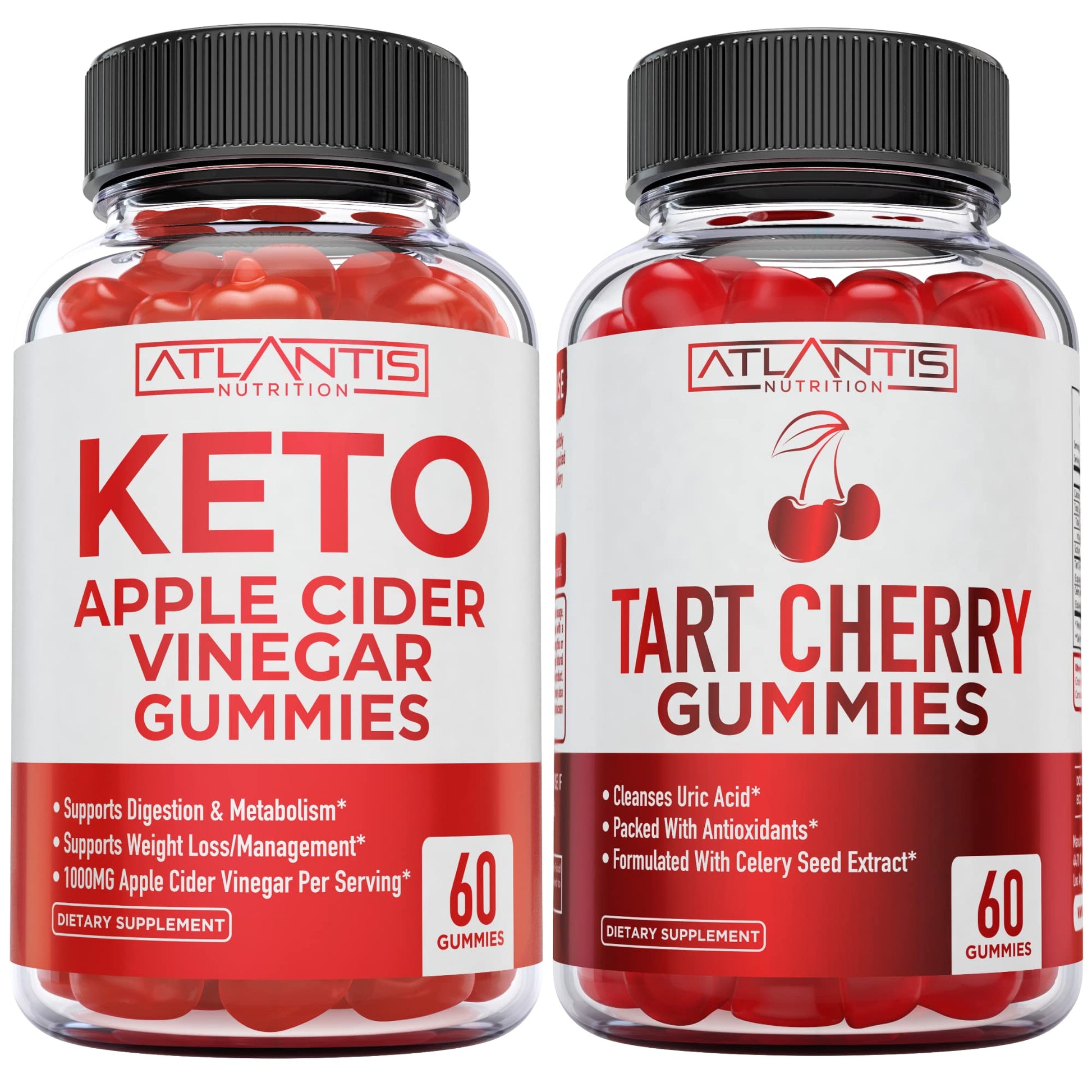 Atlantis Nutrition Keto Apple Cider Vinegar Gummies + Tart Cherry Gummies with Celery Seed Extract, 60 Gummies