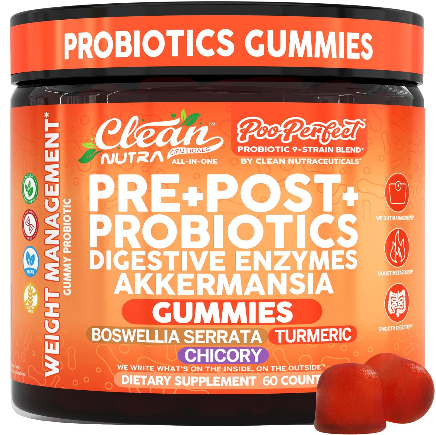Clean Nutraceuticals Prebiotic Postbiotic Digestive Enzymes Gummy, 60 Count