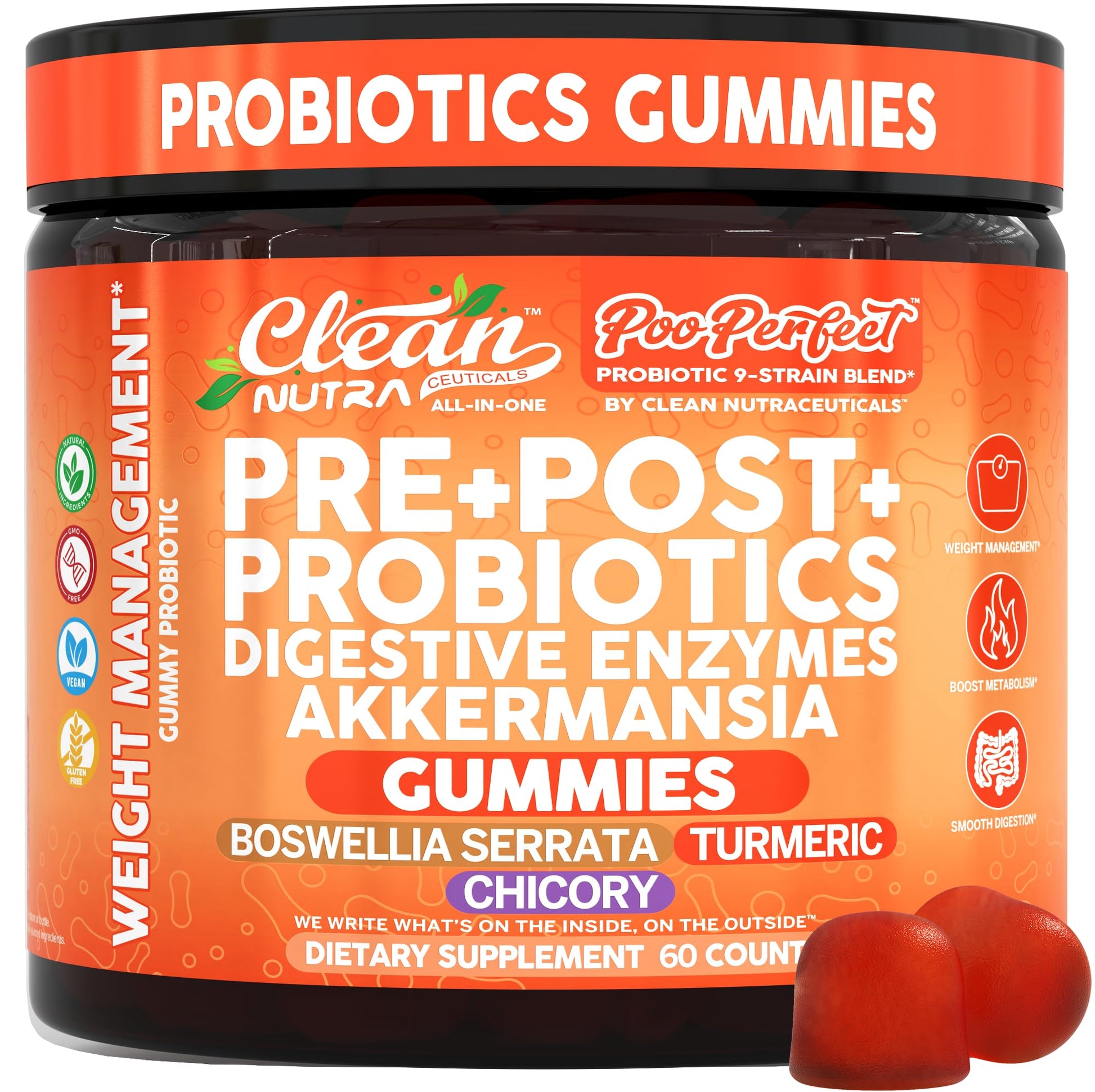 Clean Nutraceuticals Prebiotic Postbiotic Digestive Enzymes Gummy, 60 Count