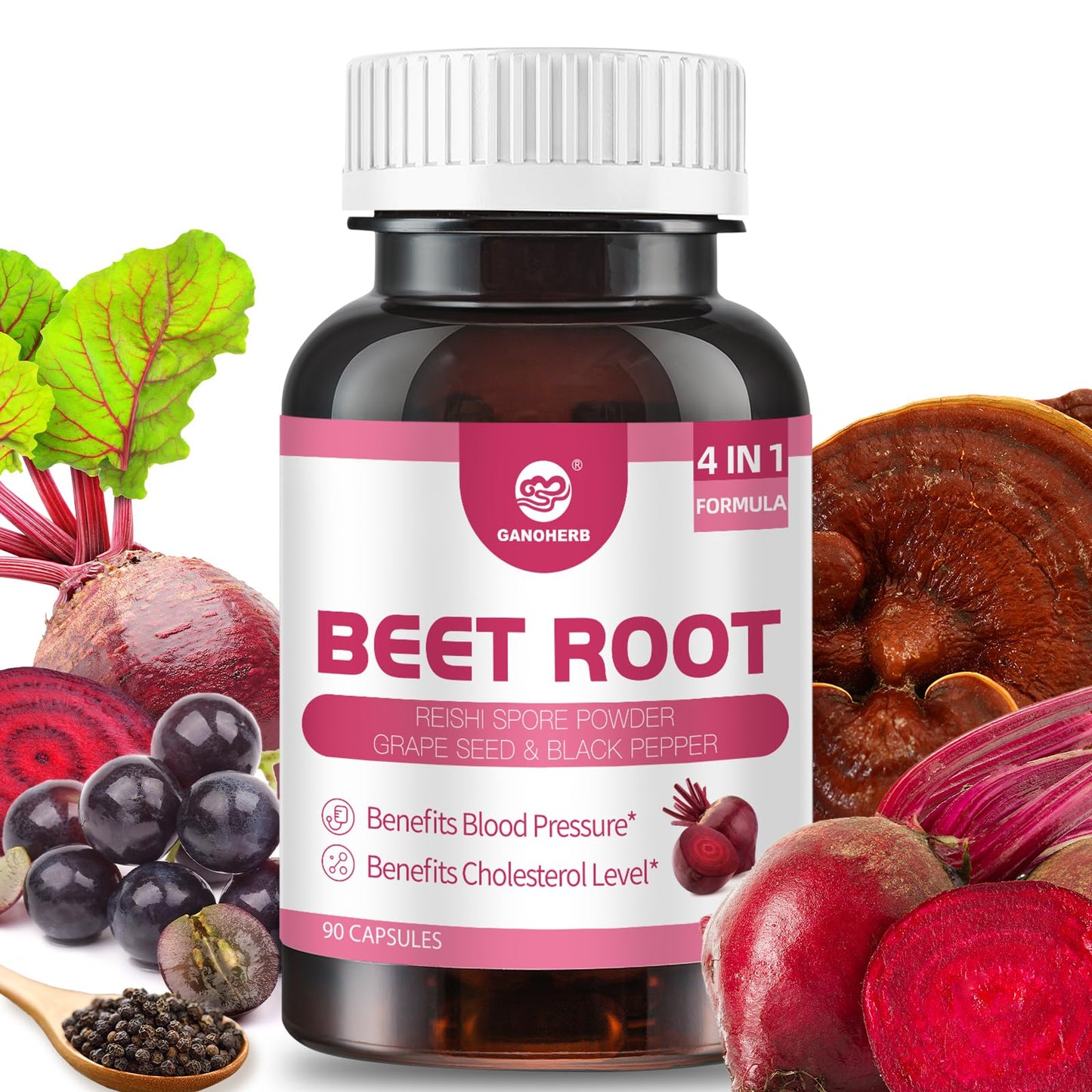 GANOHERB Beet Root Capsules with Grape Seed Extract, Reishi Mushroom, Black Pepper, Beet Root Supplement 4 in 1 for Nitric Oxide and Health Circulation, 90 Rapid Release Capsules