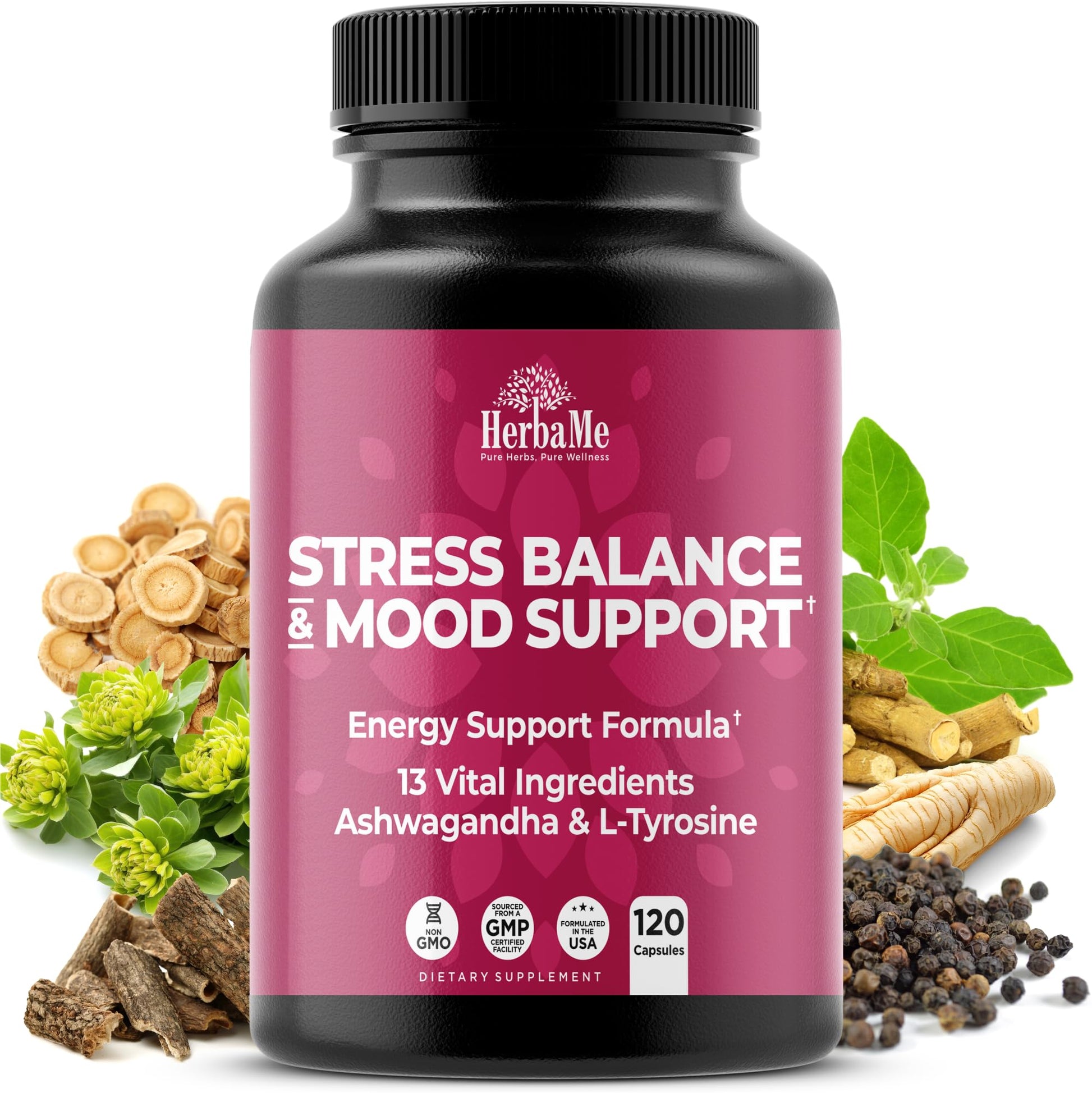 HerbaMe Stress & Mood Support Supplement with Ashwagandha & L-Tyrosine Capsules 120