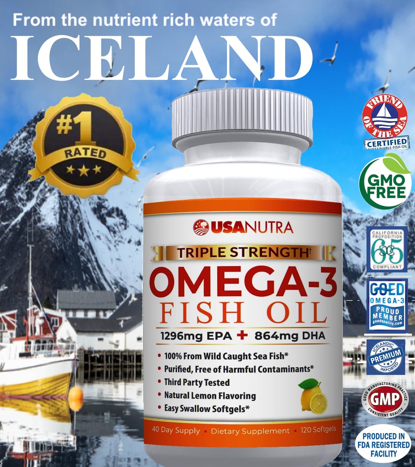 USANUTRA Omega 3 Fish Oil Supplement 3600mg with EPA and DHA Softgel, 120 Softgels