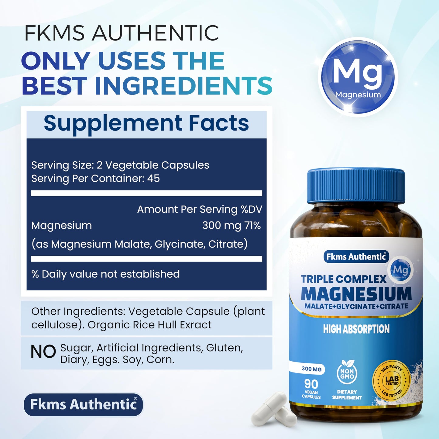 FKMS AUTHENTIC Triple Magnesium Complex 300mg Supplement Capsule, 90 Count