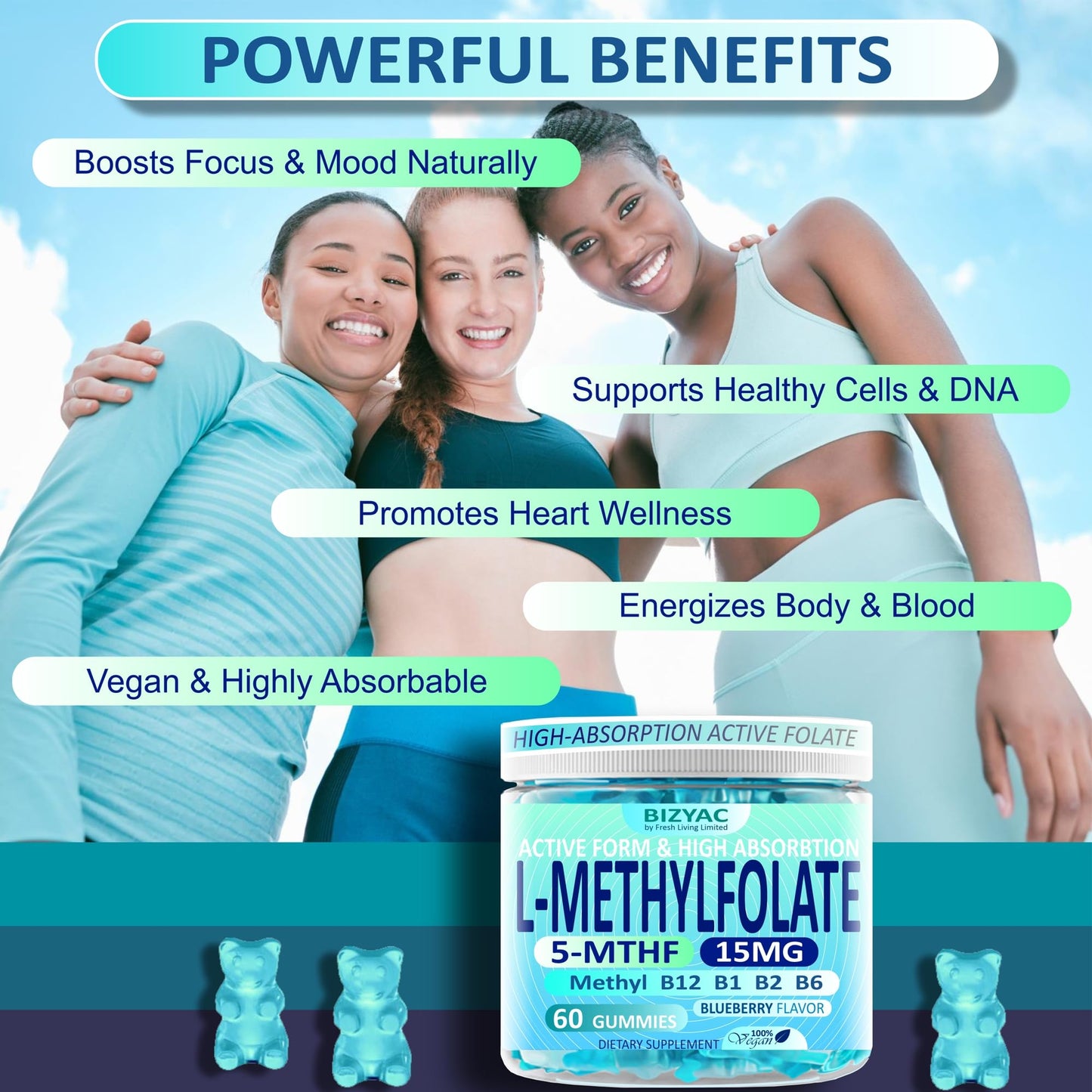BIZYAC L-MethylFolate 15mg & Methyl B12 Gummies, Methylated B1, B2, B6 Multivitamins - Active 5-MTHF & High Absorption - Folate Metabolism - Vegan Multivitamin, 60 Gummies