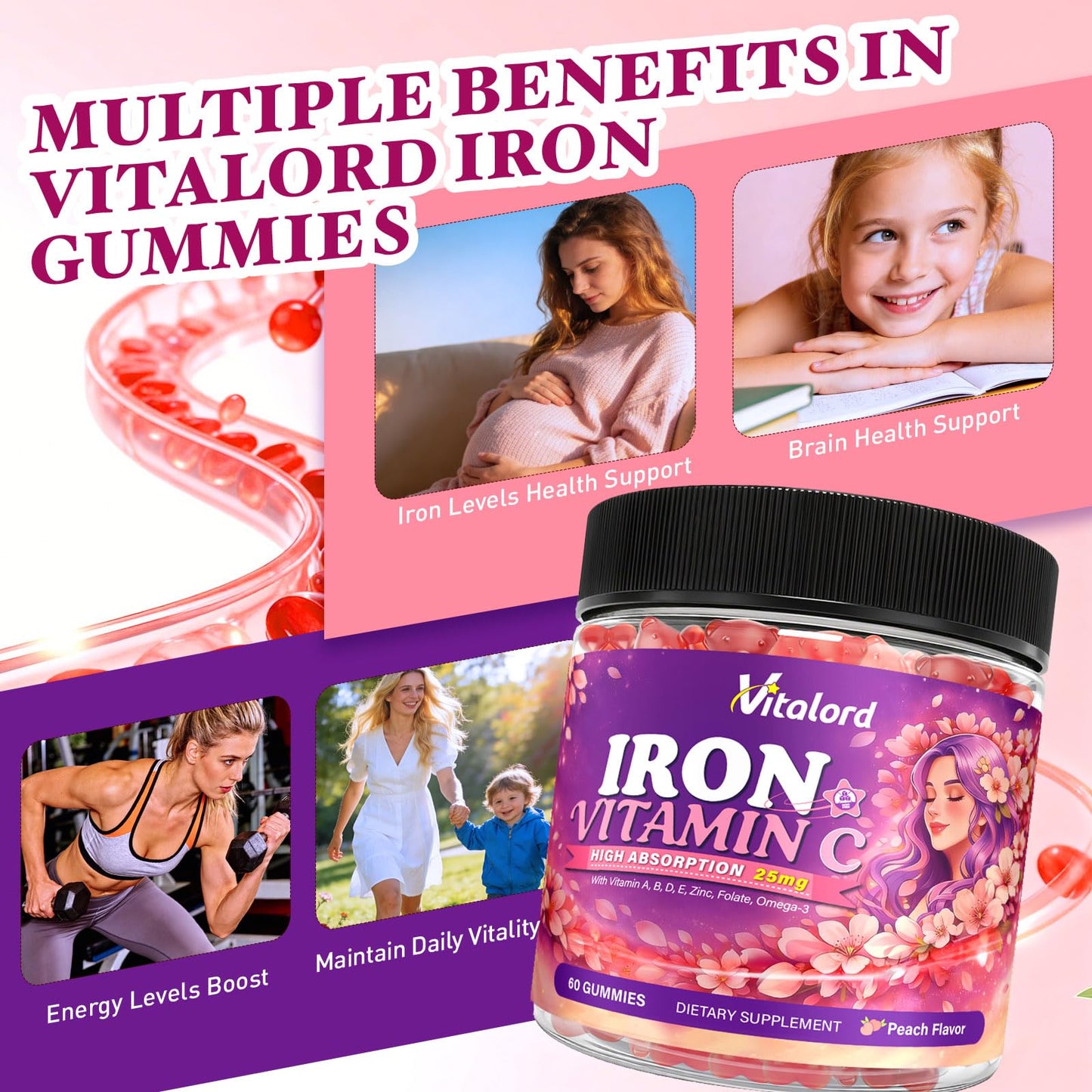 Vitalord Iron Bisglycinate Gummies 60 Count