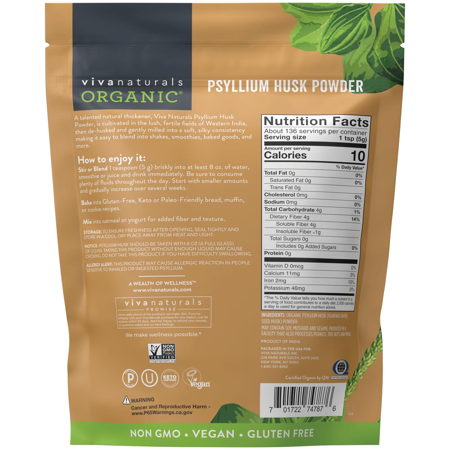 Viva Naturals Organic Psyllium Husk Powder, 24 oz