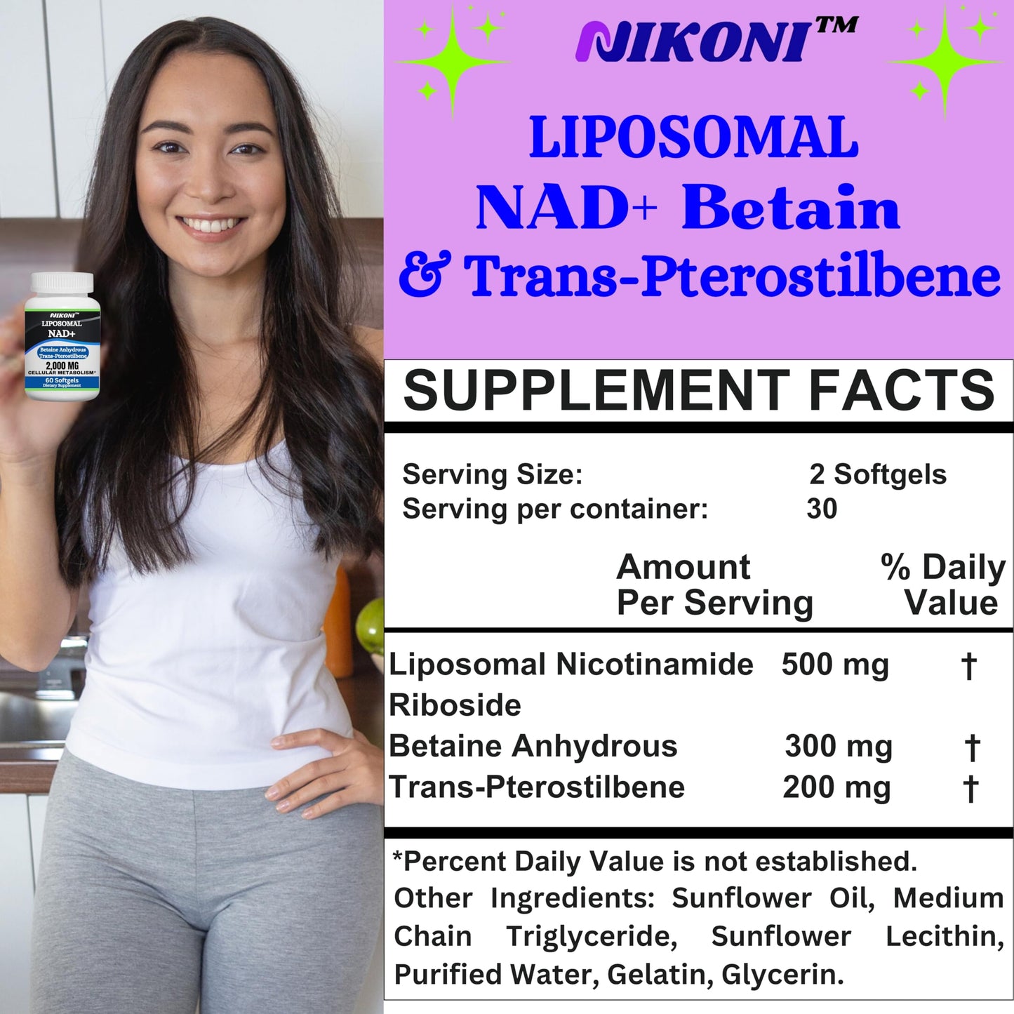 Nikoni Liposomal NAD+ 2000 mg with TMG and Pterostilbene Softgels, 60 Count