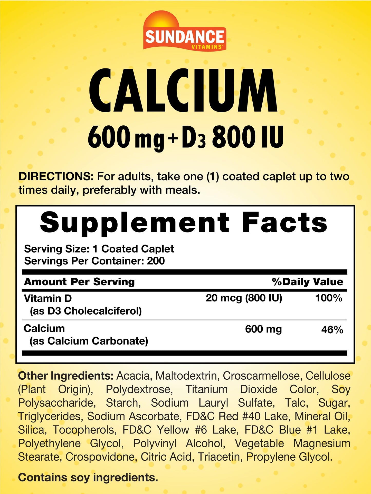 Sundance Calcium with Vitamin D3 600mg Caplets, 200 Count