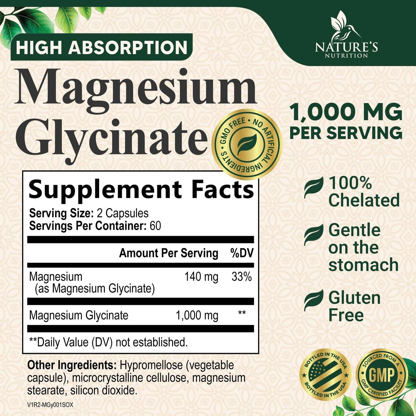 Nature's Nutrition Magnesium Glycinate 1000mg Per Serving - Chelated Magnesium for Bone, Muscle, Nerves & Heart Health Support - Ultra Absorption - Natures Sleep Support, Best Mag Supplement Pill, 120 Capsules