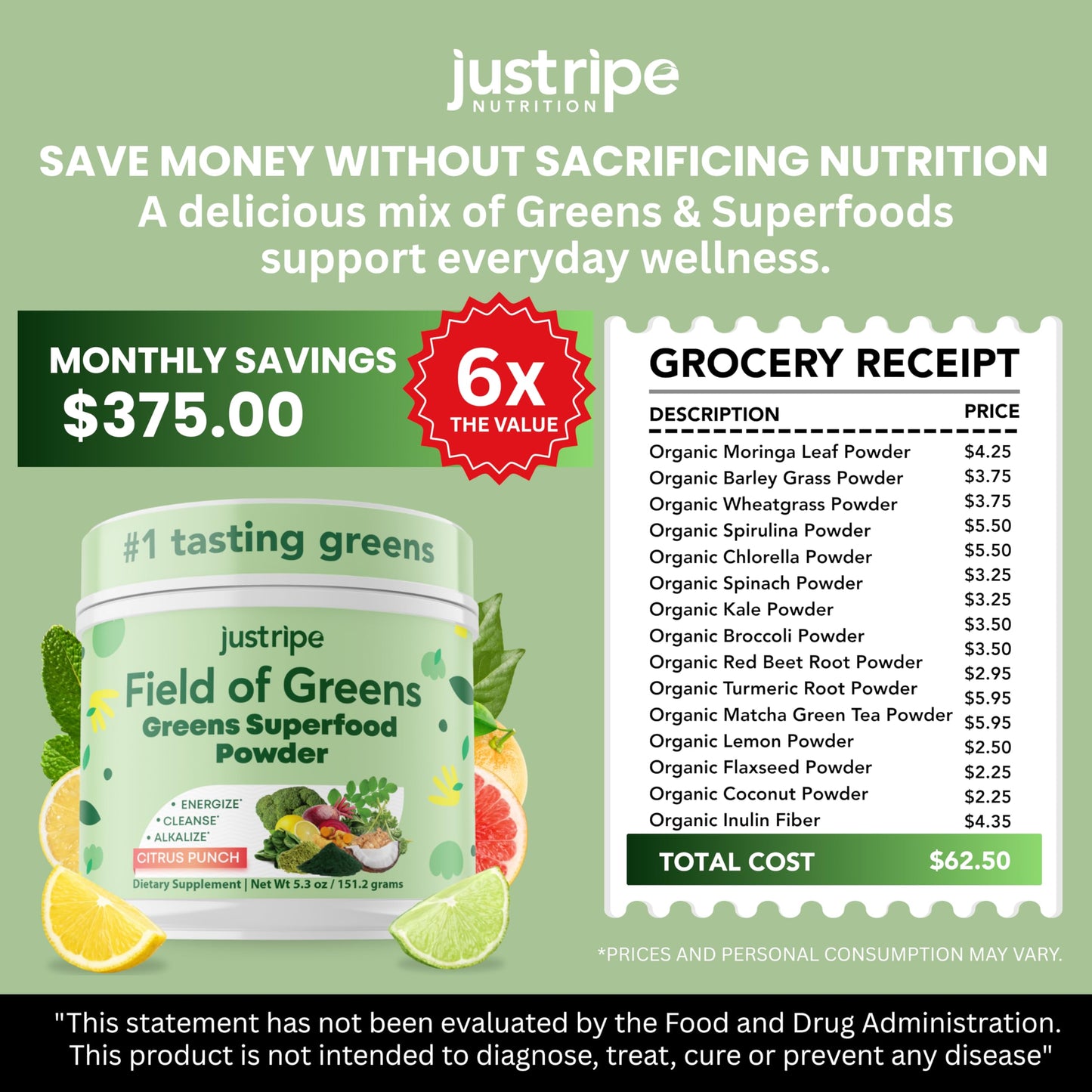 Just Ripe Nutrition Field of Greens Superfood Powder with Organic Spirulina, Chlorella, Beet Root Powder, Bacillus Coagulans Probiotic, Plant-Based Gut Health and Immunity Support, 5.3 Ounces